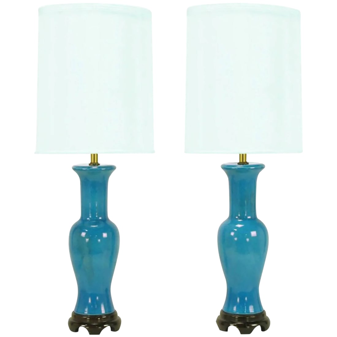 Frederick Cooper Cerulean Blue Crackle-Glaze Table Lamps - a Pair: Pair of Frederick Cooper ceramic vase form table lamps beautifully glazed in a blue crackle finish. Ebonized open footed wood base and brushed brass stem. Brass harp and socket, sold sans shades. Cond