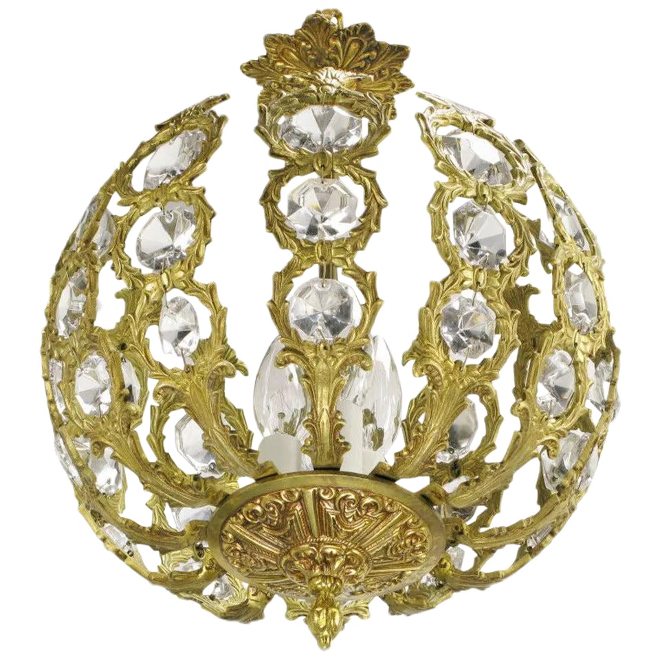Regency Brass and Crystal Open Globe Pendant Light: Brass and crystal open globe pendant light with three candle incandescent illumination. Fluted stem and cast and pierced canopy. To increase the drop it also can be hung from chain. Condition:
