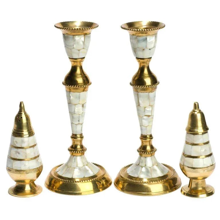 Hand Wrought Brass & Mother of Pearl Table Set - 8
