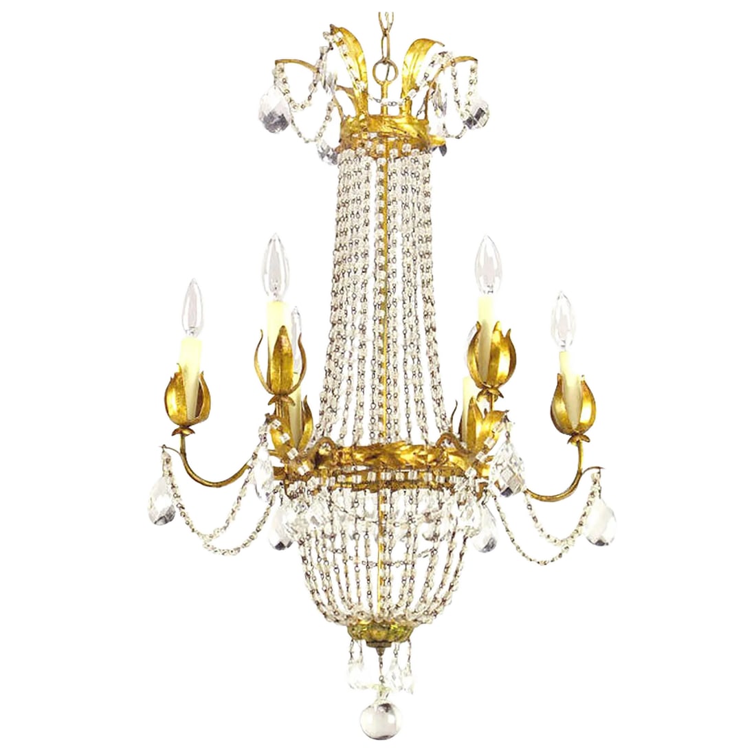Italian Gilt, Tole and Crystal Six-Arm Basket Chandelier: Elegant gilt Italian tole metal and iron crystal basket form chandelier with six arms. Adorned with real wax and pressed paper tube candles, draped with cut pear-shaped crystals and crystal strands. I