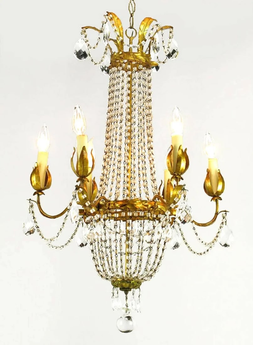 Italian Gilt, Tole and Crystal Six-Arm Basket Chandelier - 2