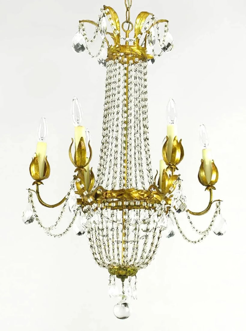 Italian Gilt, Tole and Crystal Six-Arm Basket Chandelier - 3