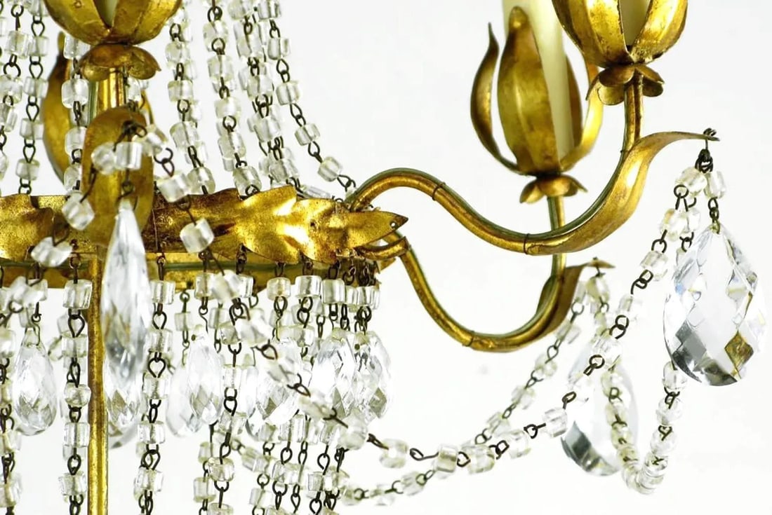 Italian Gilt, Tole and Crystal Six-Arm Basket Chandelier - 4