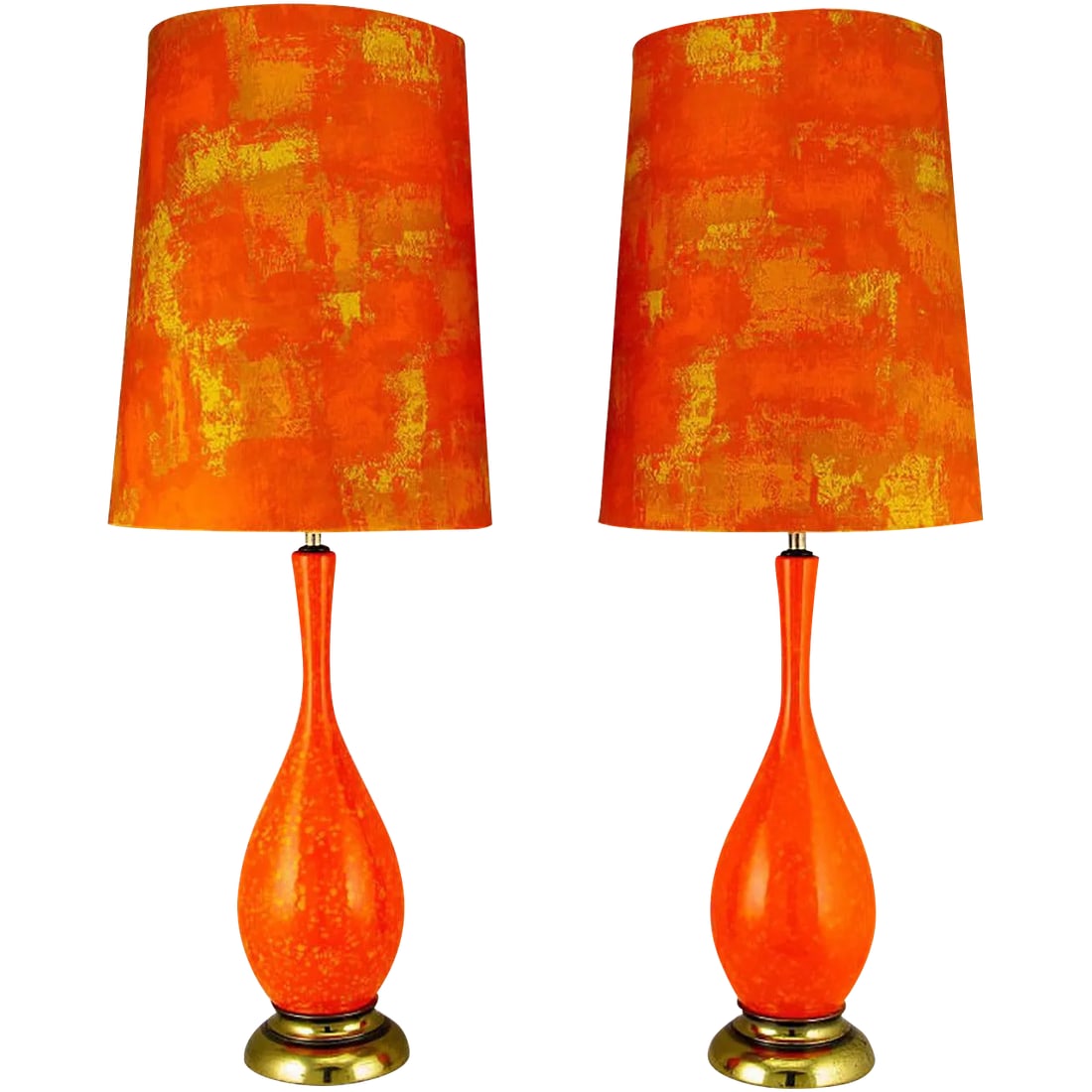 Persimmon & Gamboge Stippled Glaze Table Lamps With Hand-Painted Shades - a Pair: Ceramic bodied vase-form table lamps in a unique persimmon orange glaze with gamboge yellow stippled over glaze, and patinated brass bases. Custom mottled finish hand-painted shades are included.