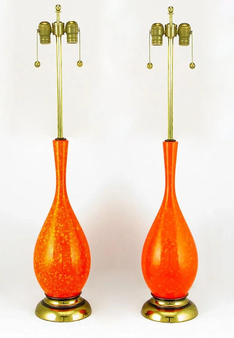 Persimmon & Gamboge Stippled Glaze Table Lamps With Hand-Painted Shades - a Pair - 2