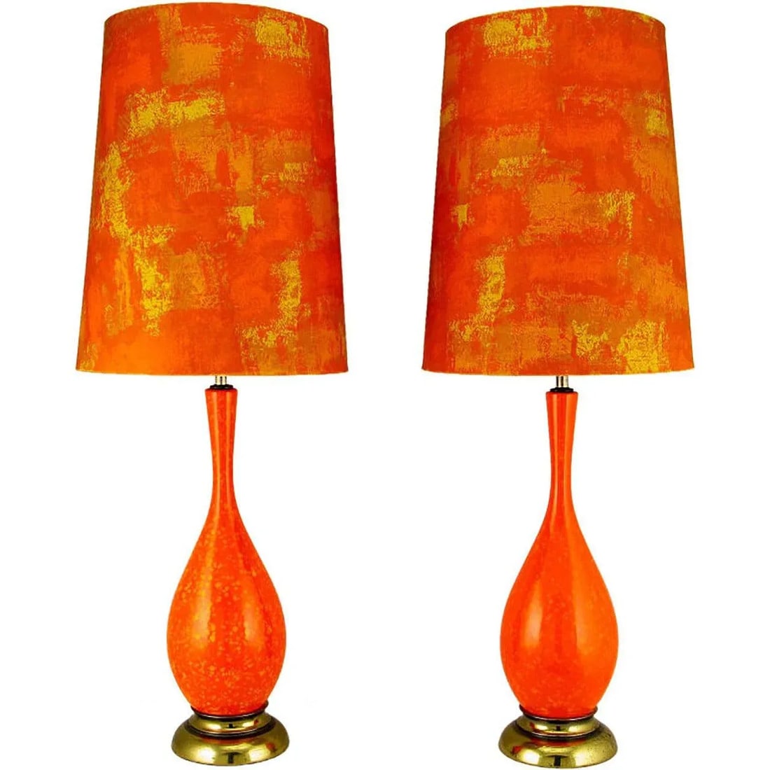 Persimmon & Gamboge Stippled Glaze Table Lamps With Hand-Painted Shades - a Pair - 7