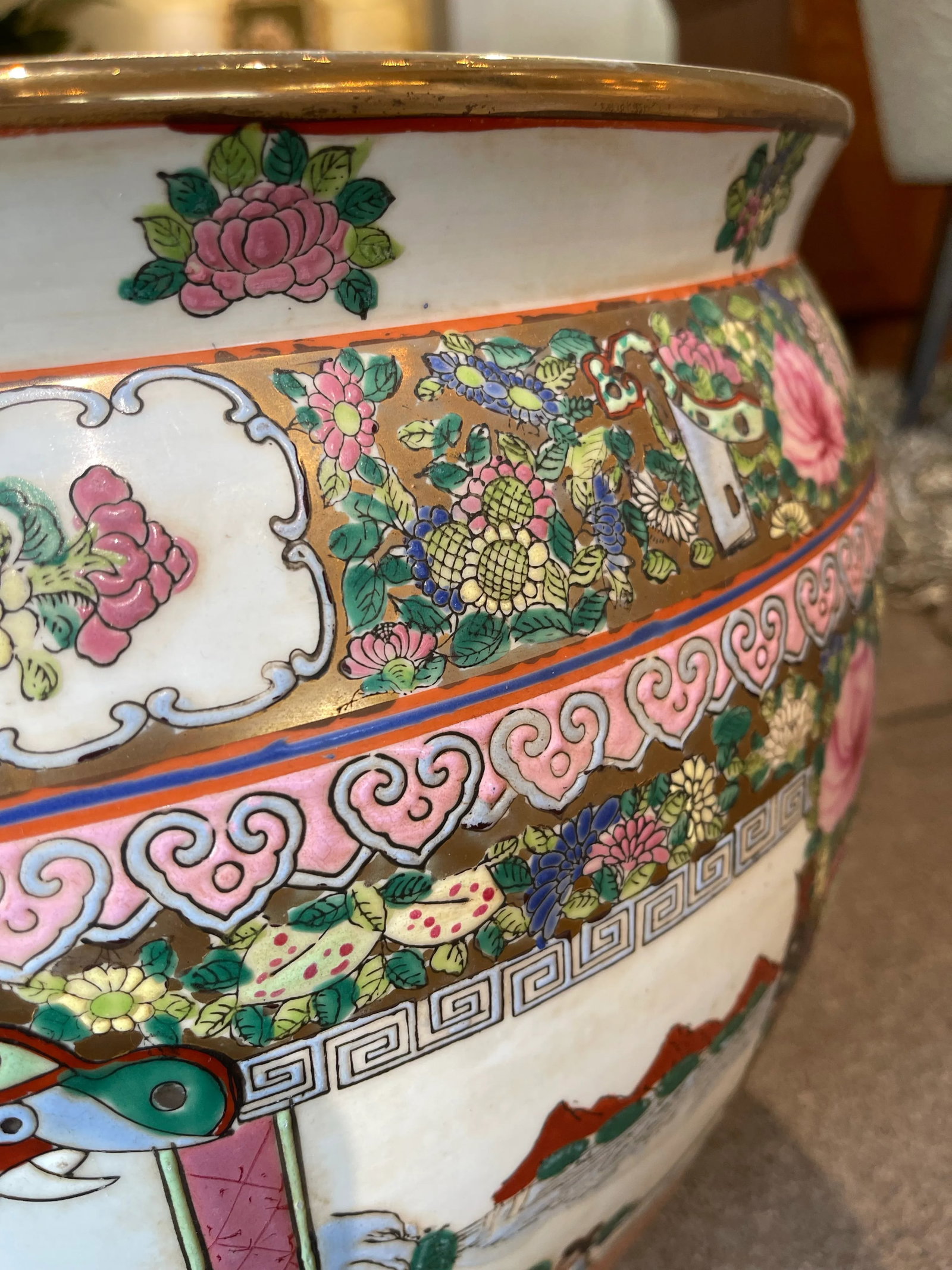 Large Vintage Chinese Famille Rose Porcelain Fish Bowl II - 2