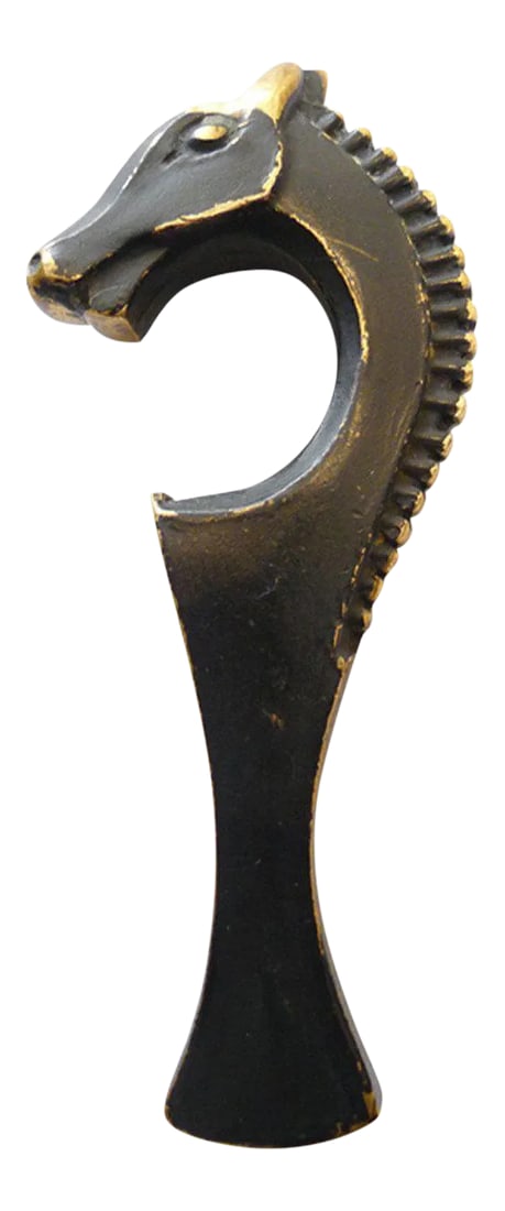 Horse Head Bottle Opener by Walter Bosse: Solid patinated brass bottle opener designed by Walter Bosse, featuring a horse head design. Condition: Alterations: Unknown Imperfections: Some Imperfections Condition Notes: Excellent - Minor wear