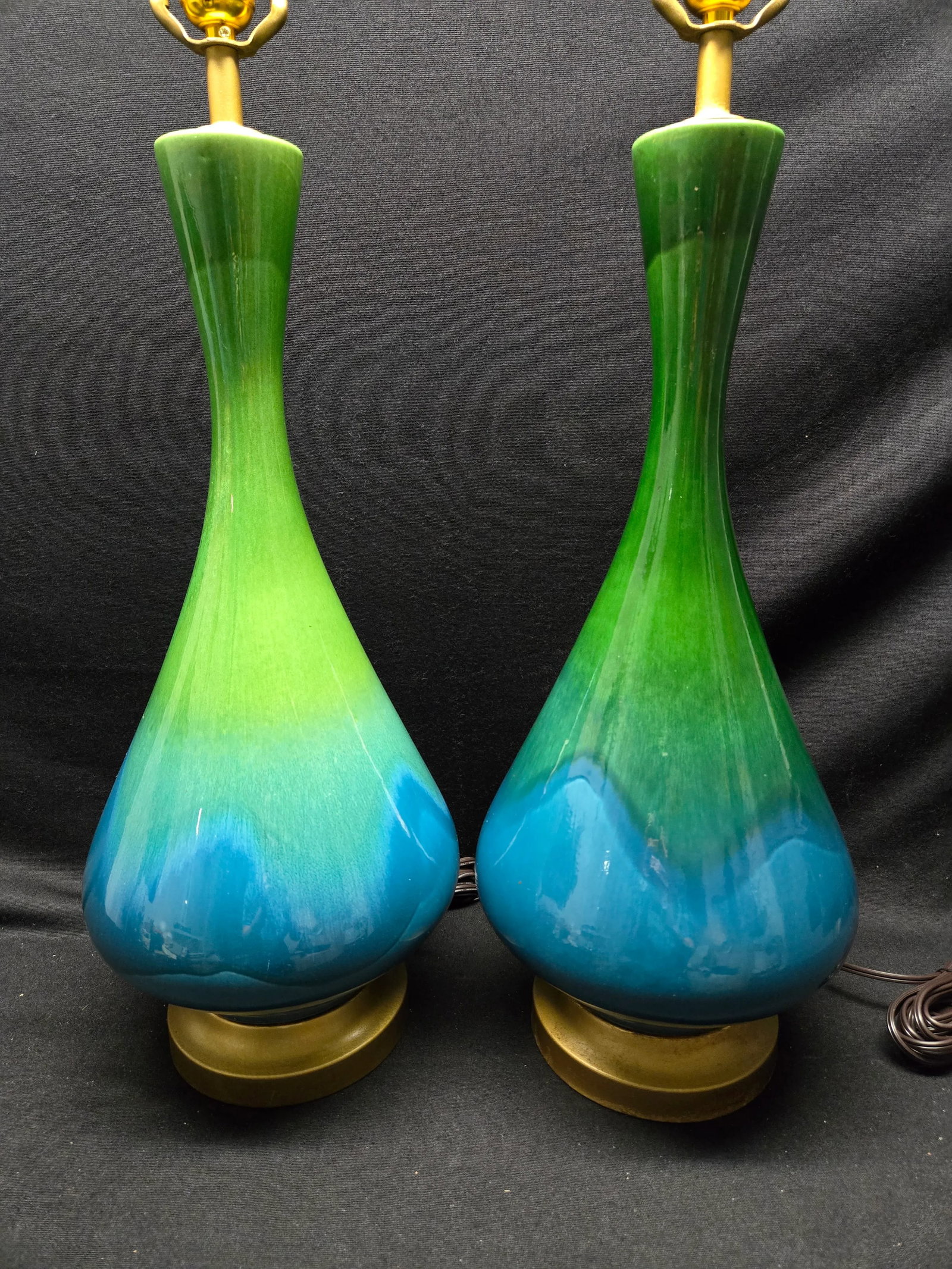 Mid-Century Modern Green and Blue Ceramic Lamp Pair - 2