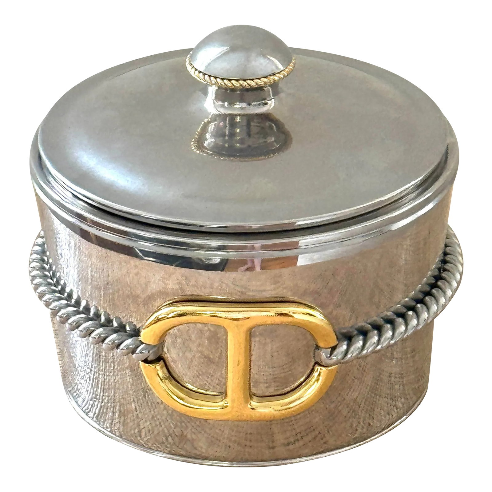 80's Gucci Chrome and Brass Ice Bucket: Heavy chrome Gucci ice bucket. Silver rope detailing with Brass Doubke G's and buckle. Rope knob on top. Makers mark on bottom. Made in Italy, insulated interior. Condition: Alterations: Original Cond
