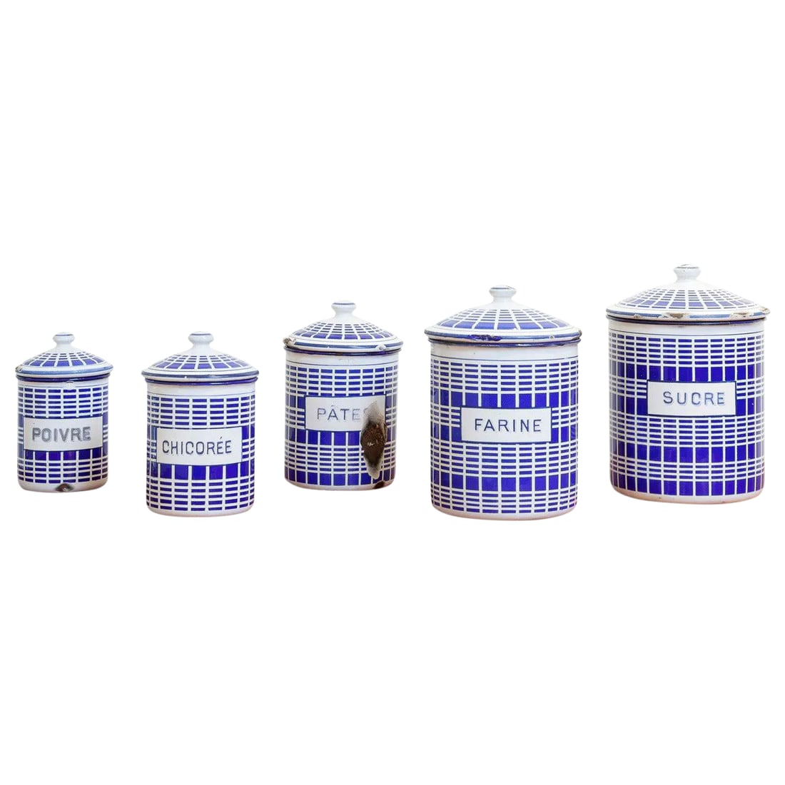 1920s French Enamel Canisters - Set of 5: Set of five French enamel canisters, circa 1920. Graduated in size, largest 7.5 inches tall to smallest 5 inches tall. Cobalt blue and white plaid pattern. Condition: Alterations: Unknown Imperfection