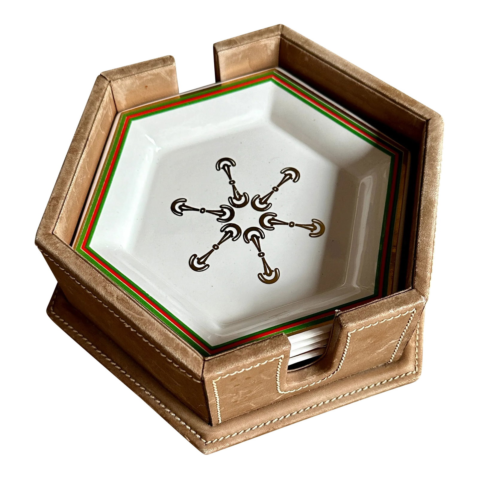 Vintage 1970s Gucci Horsebit Porcelain Hexagon 4 Appetizer Coaster Plate Set in Leather Case (1 of 12)