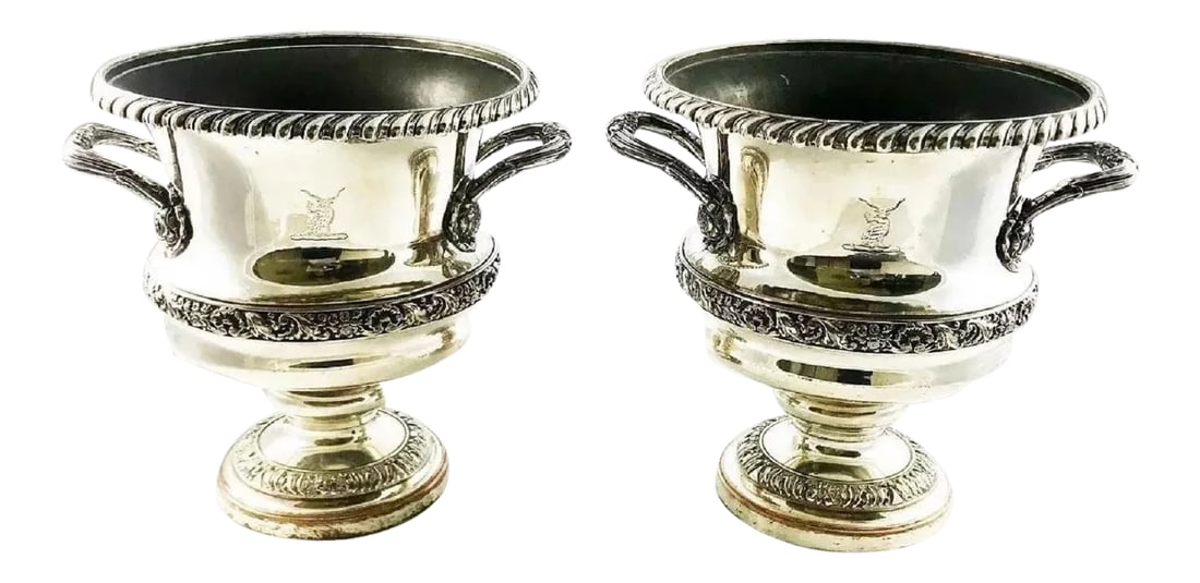 Old Sheffield Plate Silve Wine Champagne Coolers 19th Century - a Pair: A pair of fine antique Old Sheffield Plate wine or champagne coolers with engraved Coat of Arms. The urn shaped coolers have a stepped circular base, gadrooned top edges, decorative handles along