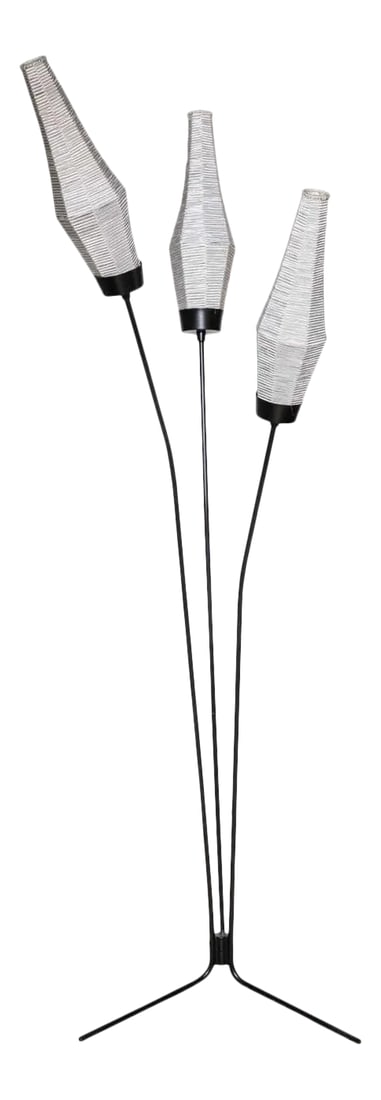 1950s French Modern Black Tripod Floor Lamp With Silk Bud Shades: Three stem black iron botanical floor lamp with three white silk bud shades. Featuring Three black lacquered branch like metal stems with three newly created bud like white silk thread shades. Shades