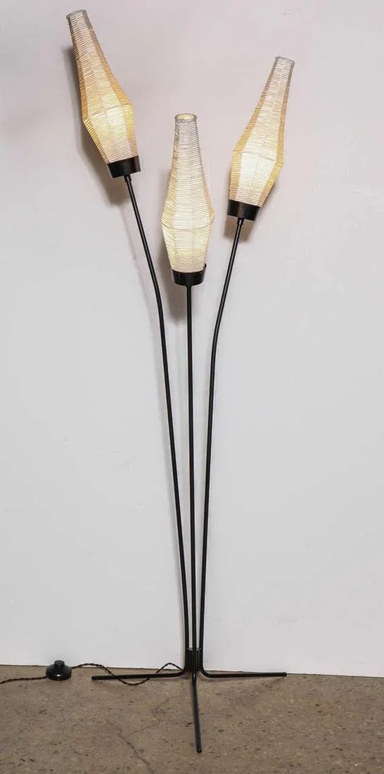 1950s French Modern Black Tripod Floor Lamp With Silk Bud Shades - 2