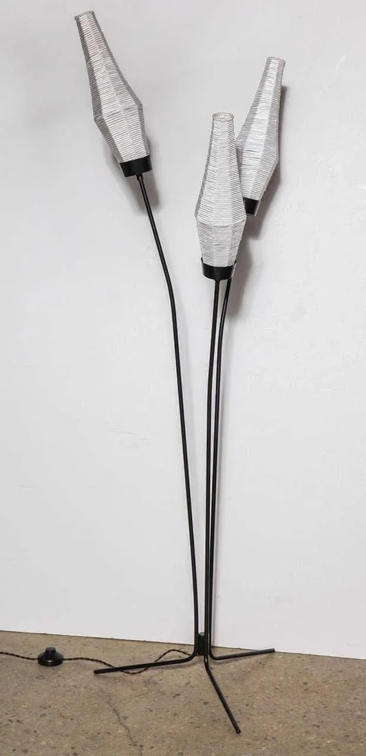1950s French Modern Black Tripod Floor Lamp With Silk Bud Shades - 3