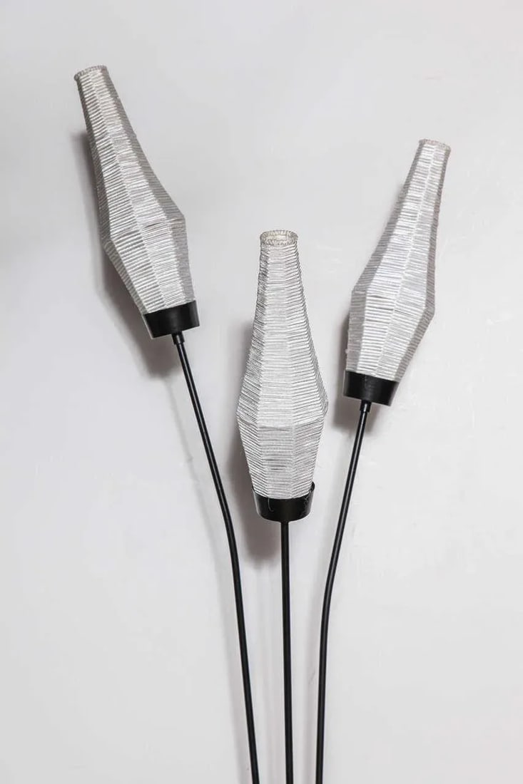 1950s French Modern Black Tripod Floor Lamp With Silk Bud Shades - 4