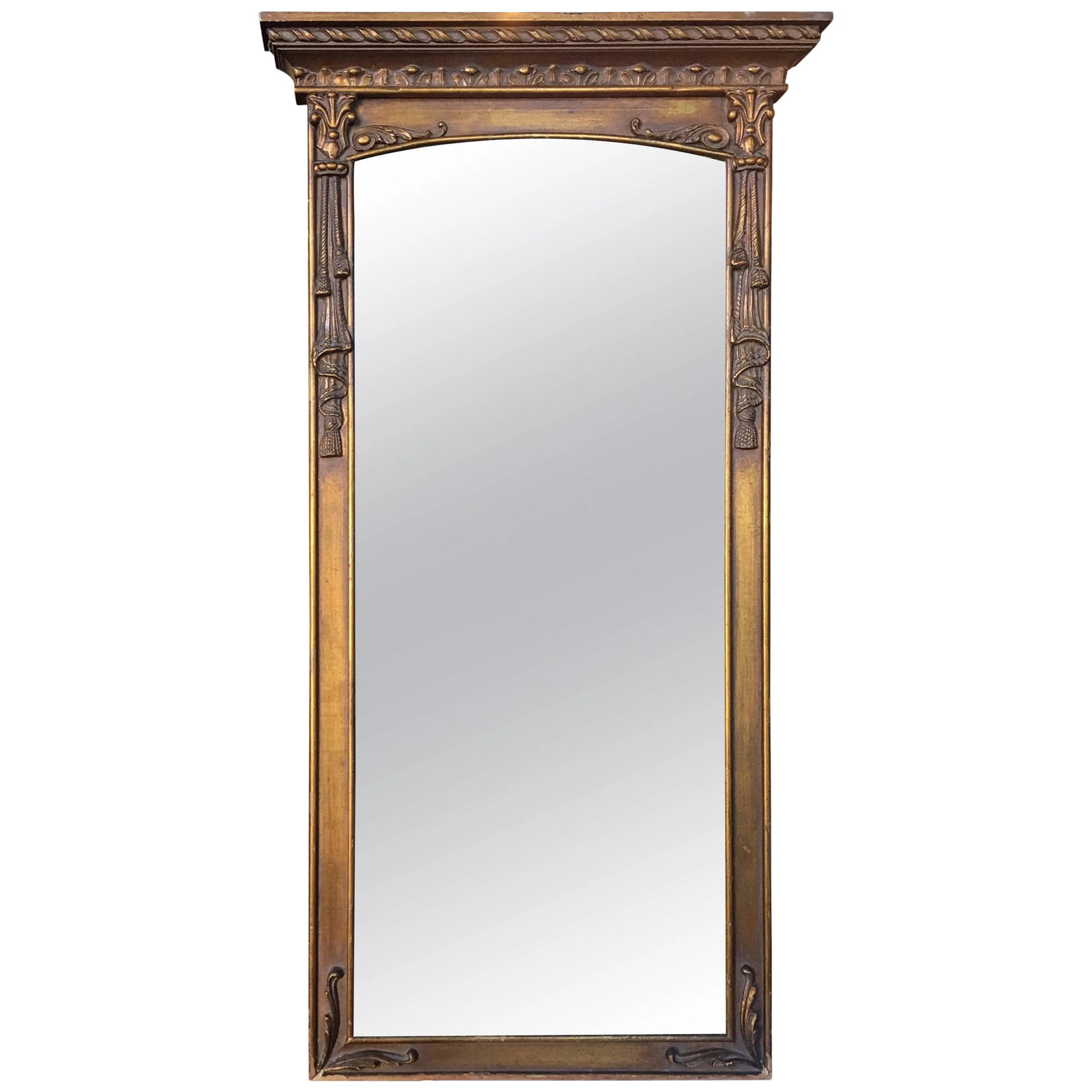 Neoclassical Style Gilt Draped Tassel Form Pier Wall Mirror: Tall Regency style carved wood wall mirror featuring draped tassel form detailing and original gold painted finish. Condition: Alterations: Original Condition Unaltered Imperfections: Some Imperfectio