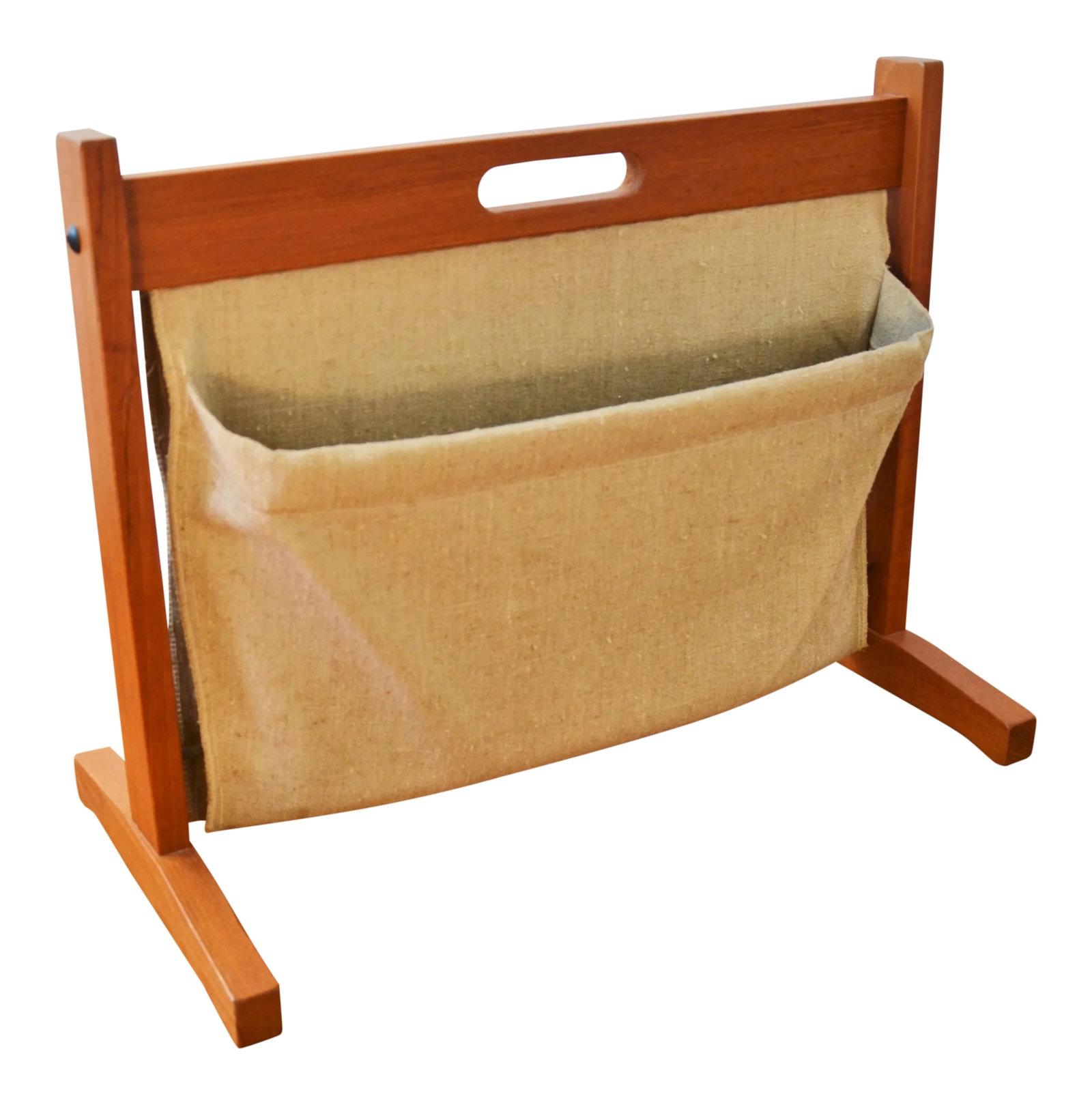 Brdr Furdo Danish Modern Teak and Linen Double Magazine Rack: Vintage Scandinavian Modern Teak and Linen Double Magazine Rack by BRDR Furdo, Made in Denmark Teak frame with fabric slings, each is weighted to hold the pouches open. Excellent for magazines,