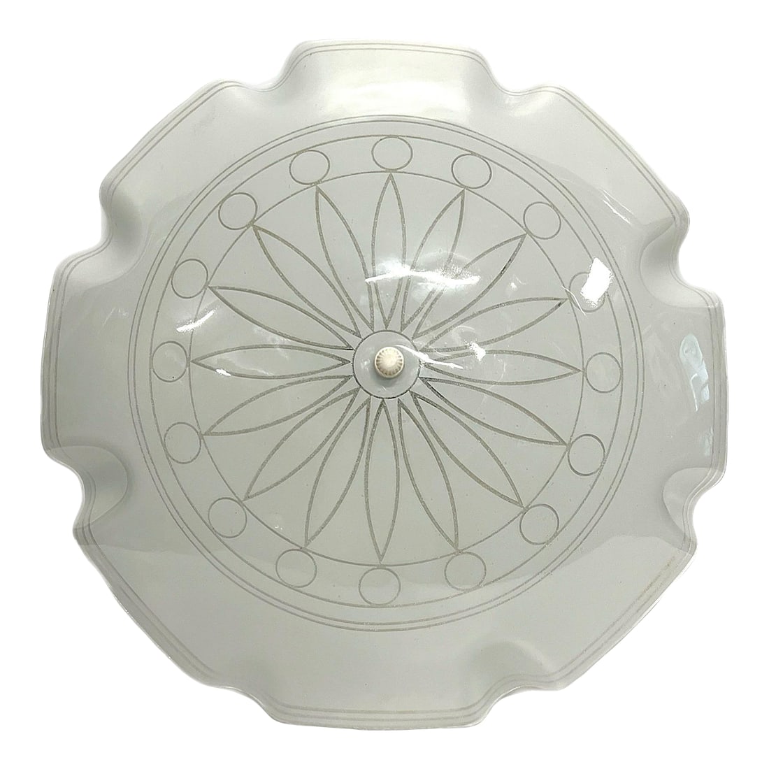 1960s Sunburst Flush Light: Large 1960s modern sunburst flush mount light featuring a ruffled and striped transparent border with central sunburst and circles medallion accented with dimensional beading on the underside with
