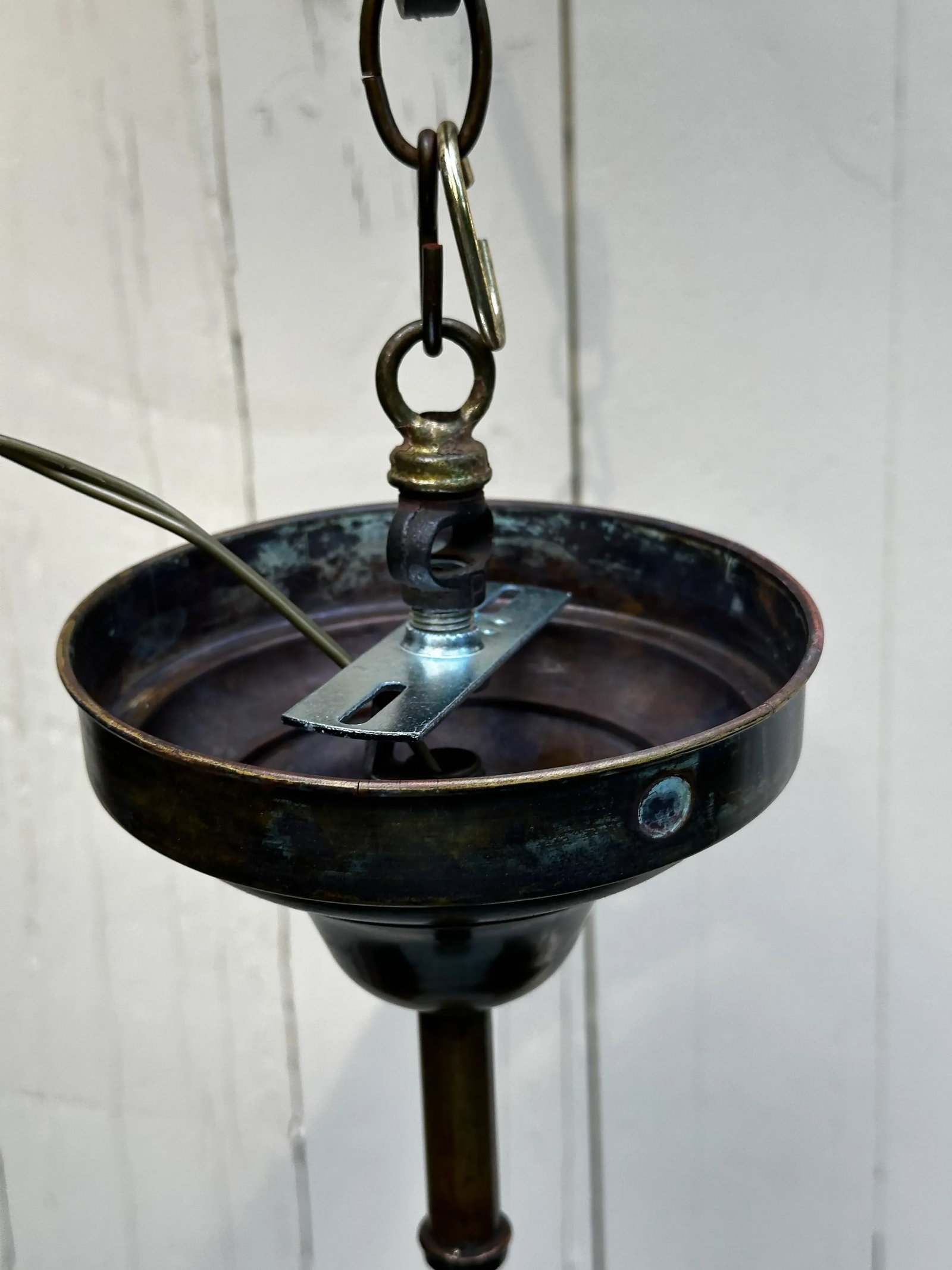 Vintage Clam Broth Shade With Vintage Brass Hanging Fixture - 2