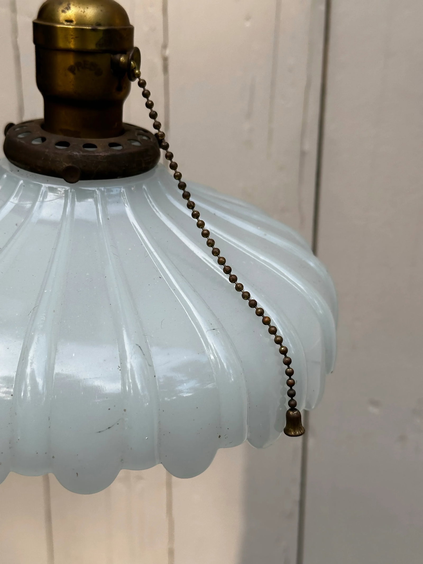 Vintage Clam Broth Shade With Vintage Brass Hanging Fixture - 3
