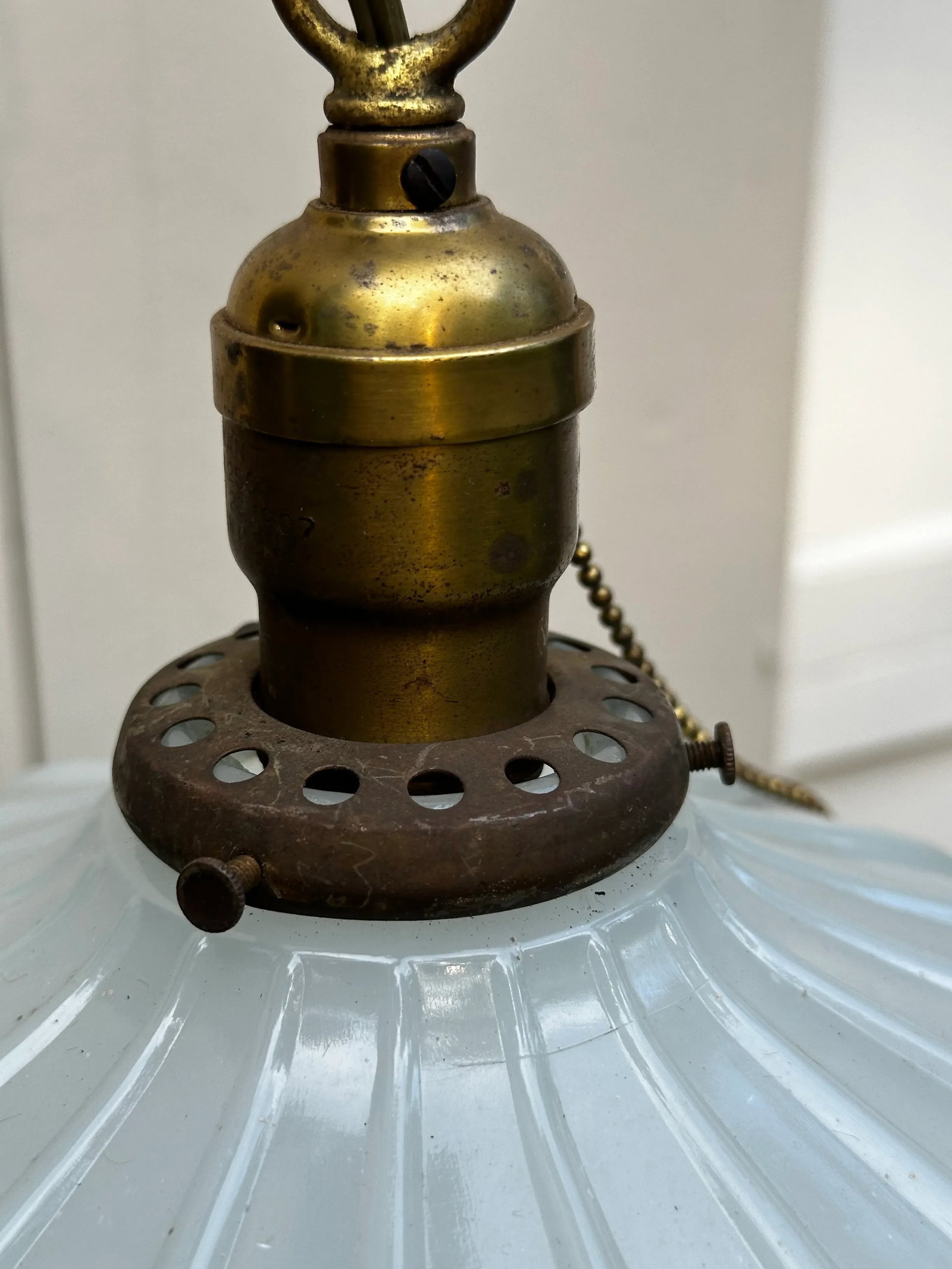 Vintage Clam Broth Shade With Vintage Brass Hanging Fixture - 4