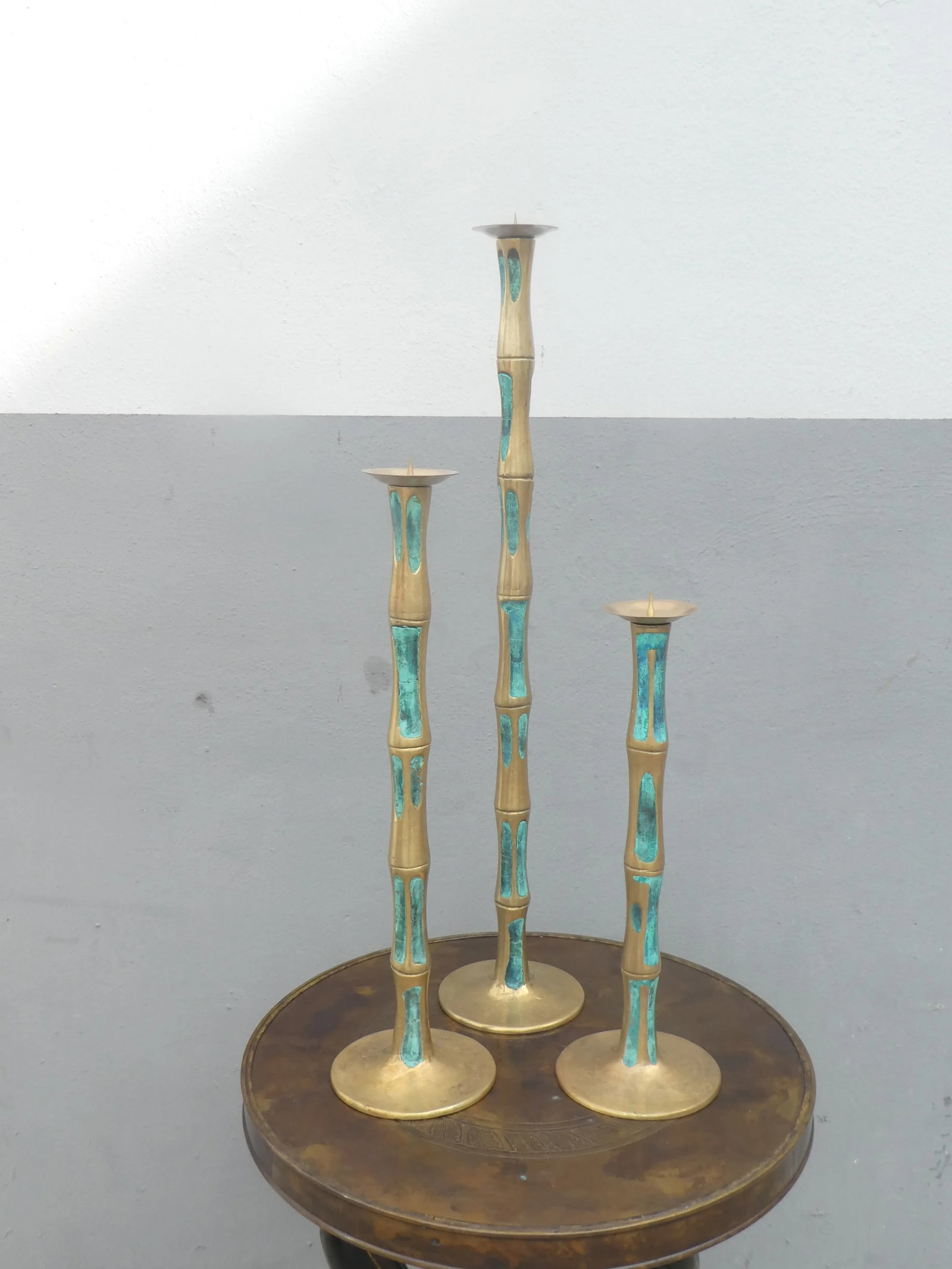 Mid Century Mexican Modernist Pepe Mendoza Bronze and Stone Inlay Candlesticks- Set of 3 - 12