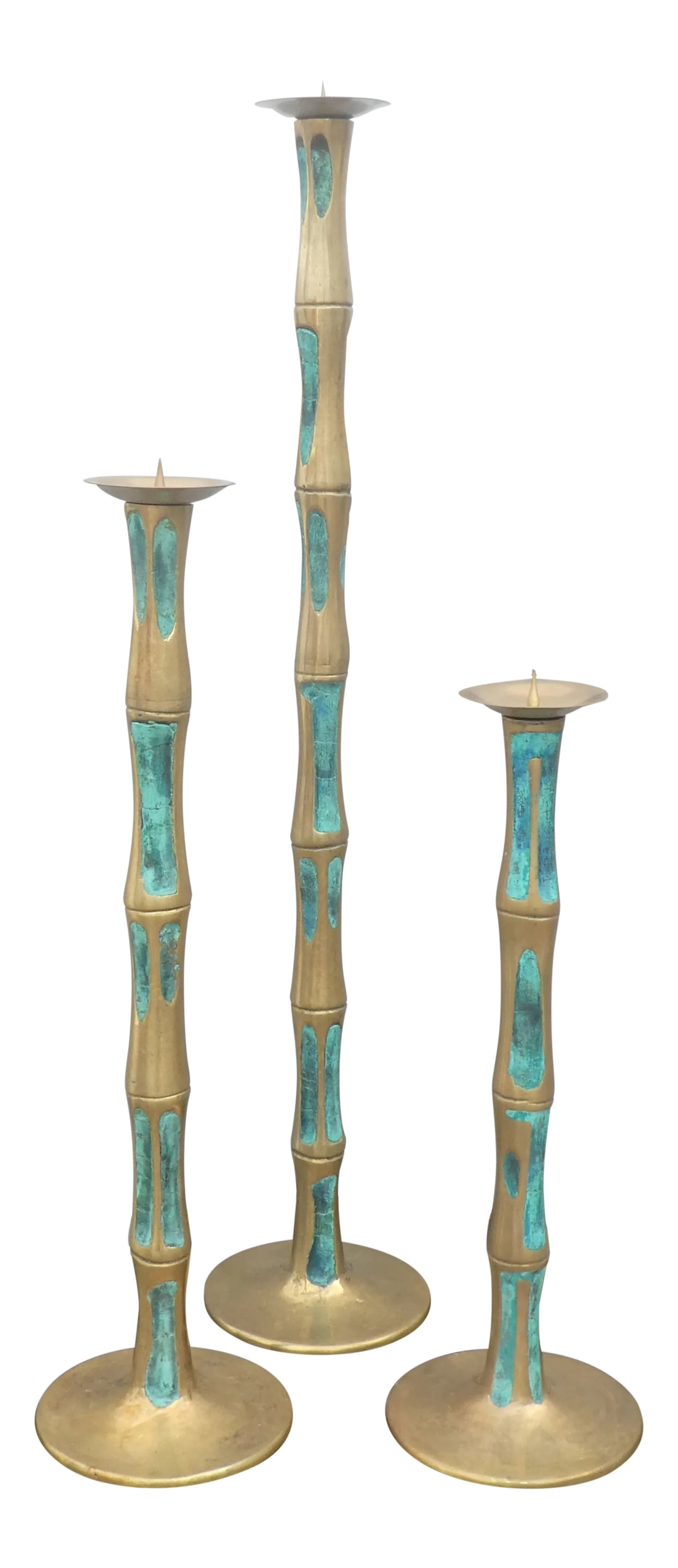 Mid Century Mexican Modernist Pepe Mendoza Bronze and Stone Inlay Candlesticks- Set of 3: 3 Statuesque Graduated Mid Century Mexican Modernist Pepe Mendoza Bronze and Stone Inlay Candlesticks sold as found in vintage condition previously owned an d used without overt damage. Candlesticks m