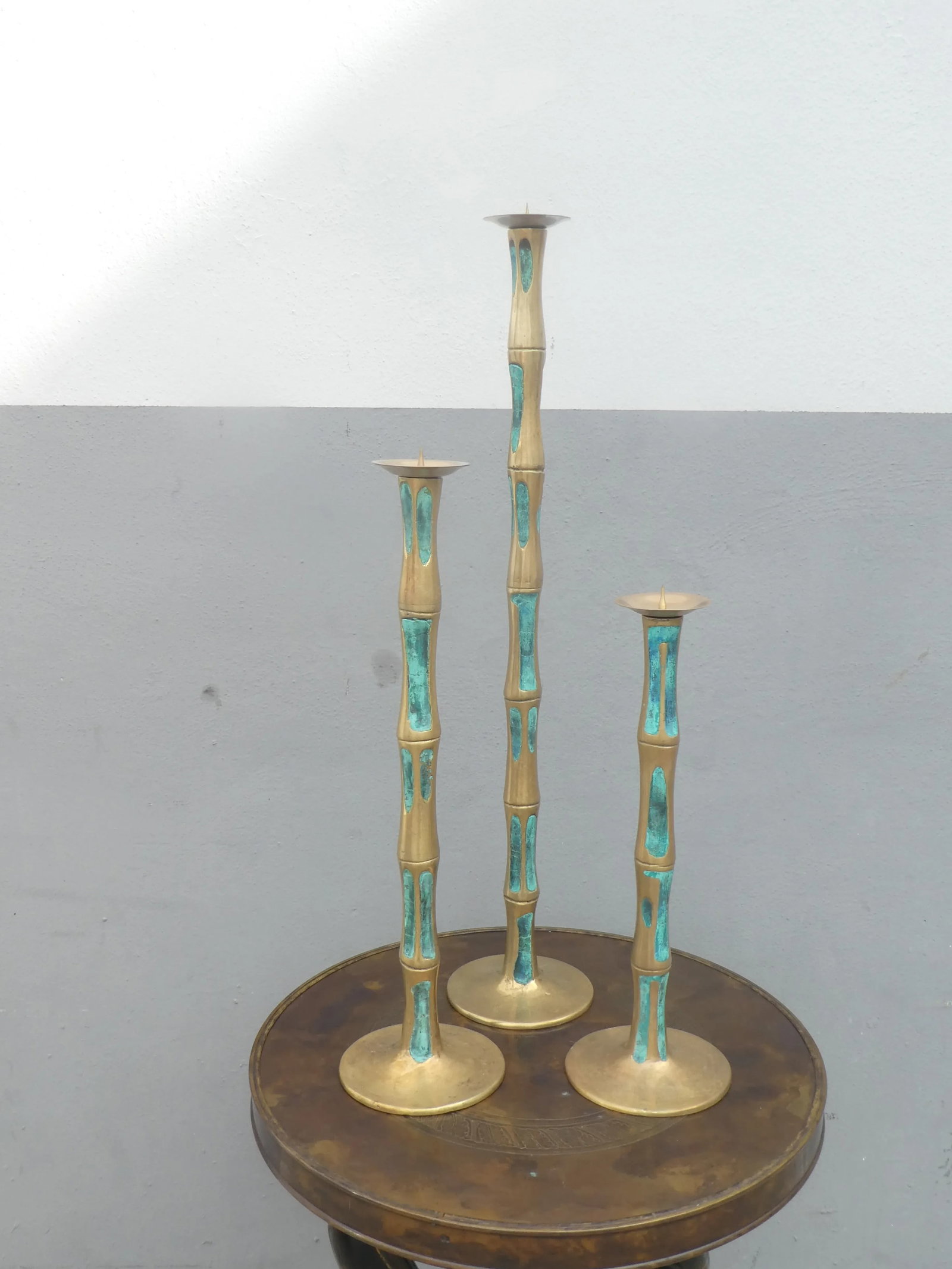 Mid Century Mexican Modernist Pepe Mendoza Bronze and Stone Inlay Candlesticks- Set of 3 - 2