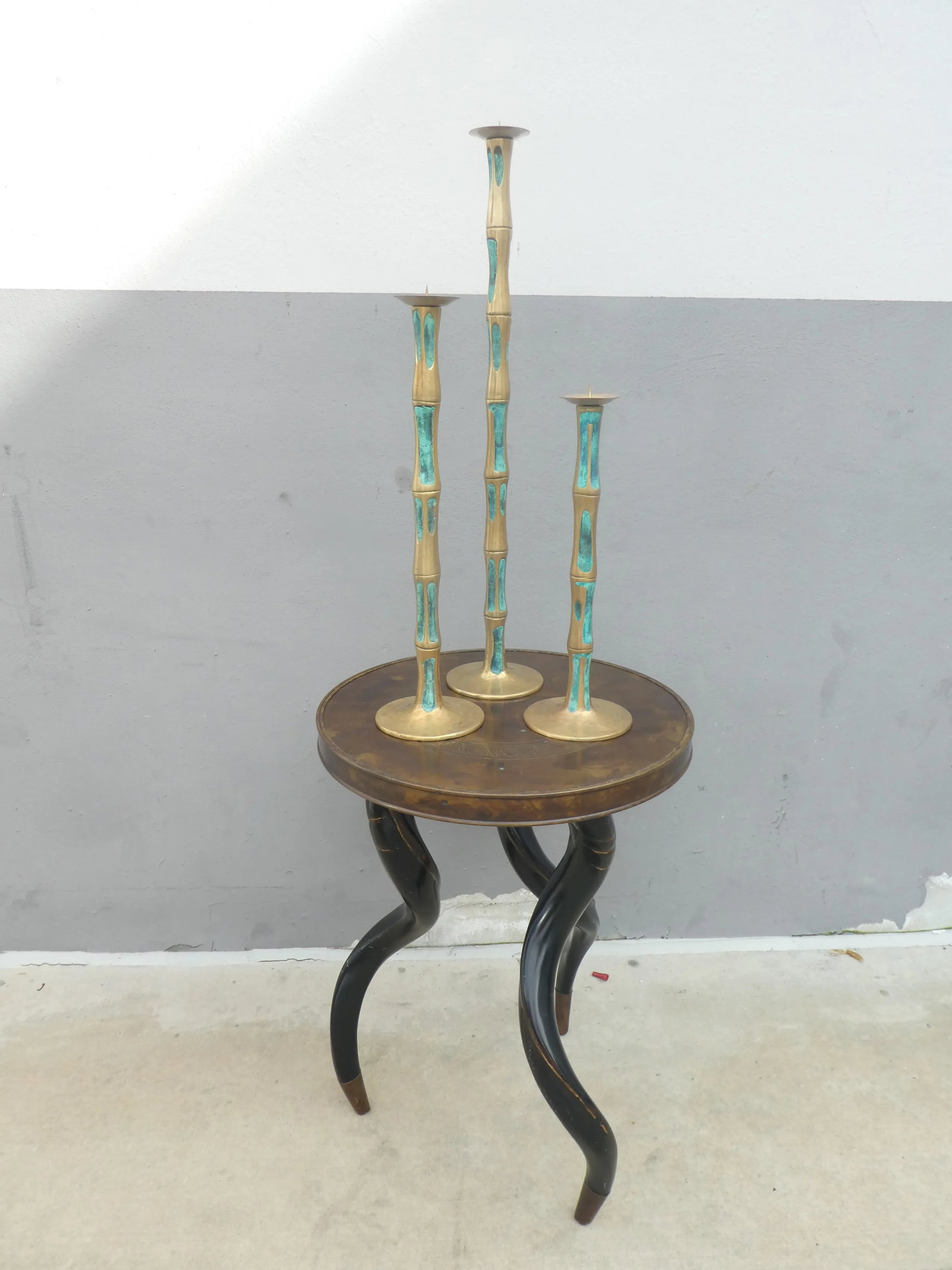 Mid Century Mexican Modernist Pepe Mendoza Bronze and Stone Inlay Candlesticks- Set of 3 - 3
