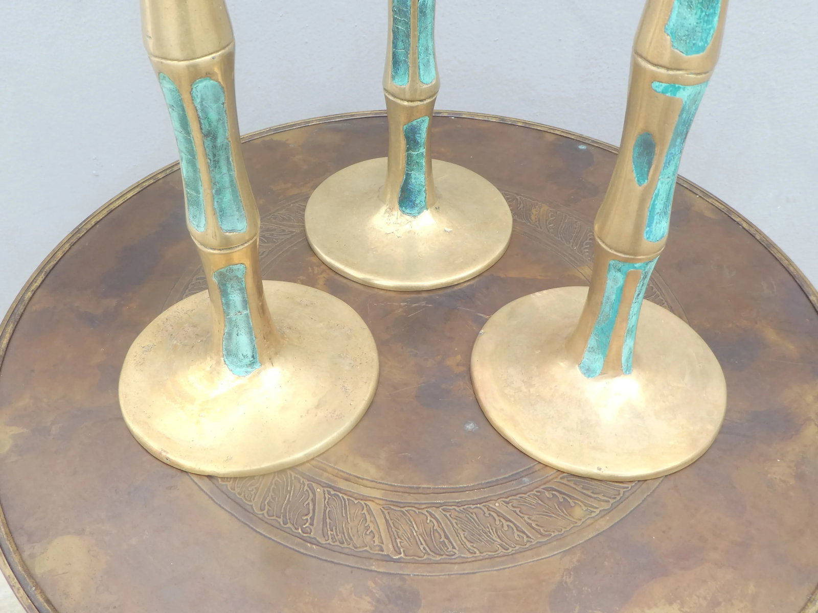 Mid Century Mexican Modernist Pepe Mendoza Bronze and Stone Inlay Candlesticks- Set of 3 - 4