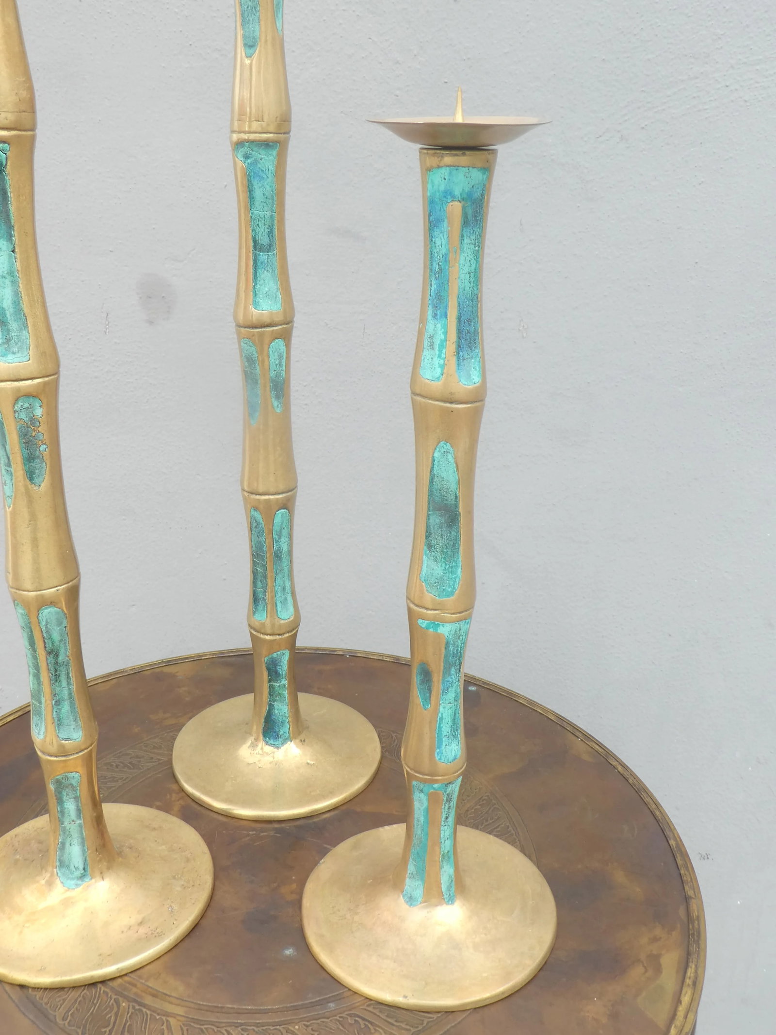 Mid Century Mexican Modernist Pepe Mendoza Bronze and Stone Inlay Candlesticks- Set of 3 - 6
