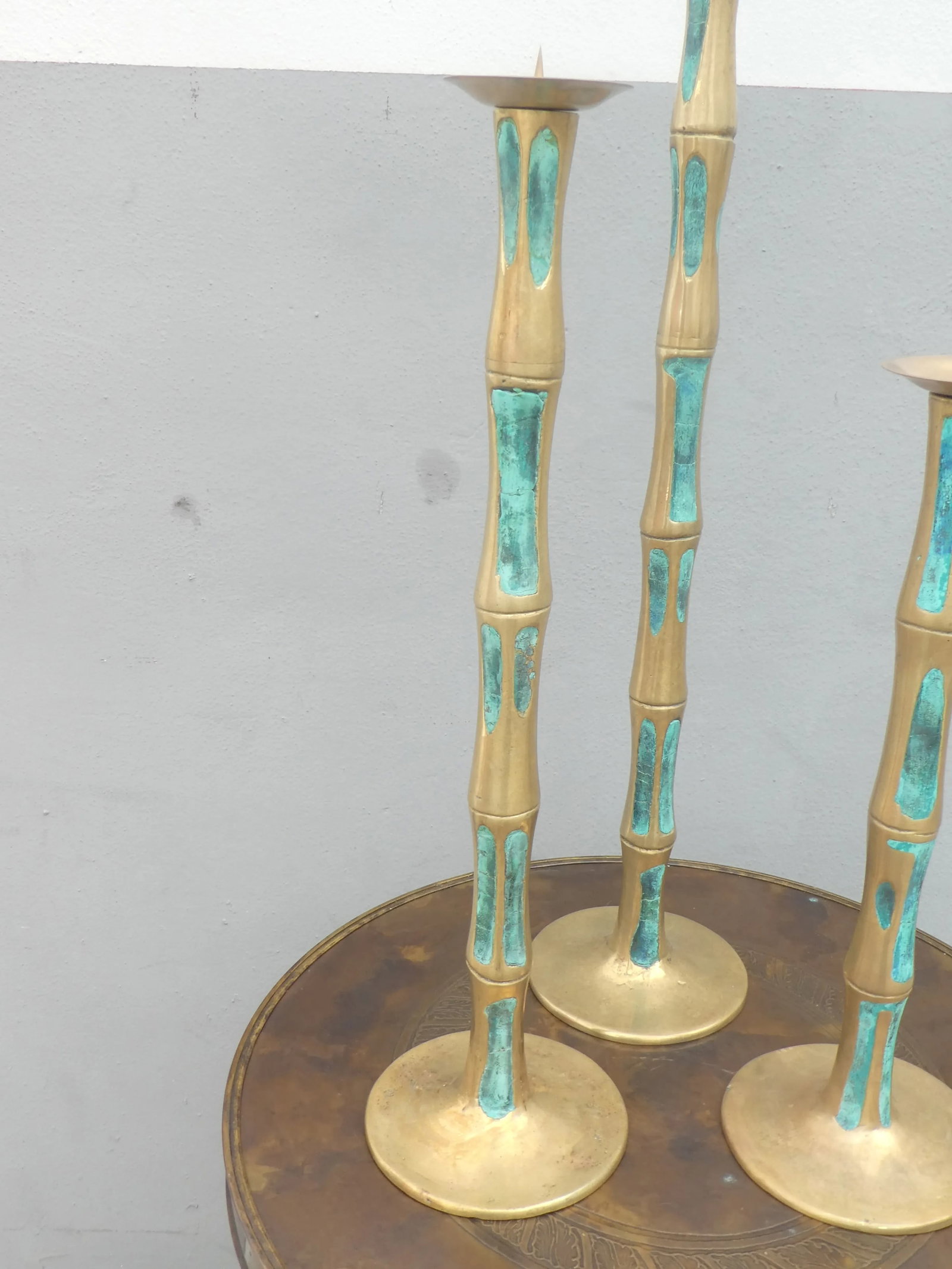 Mid Century Mexican Modernist Pepe Mendoza Bronze and Stone Inlay Candlesticks- Set of 3 - 7