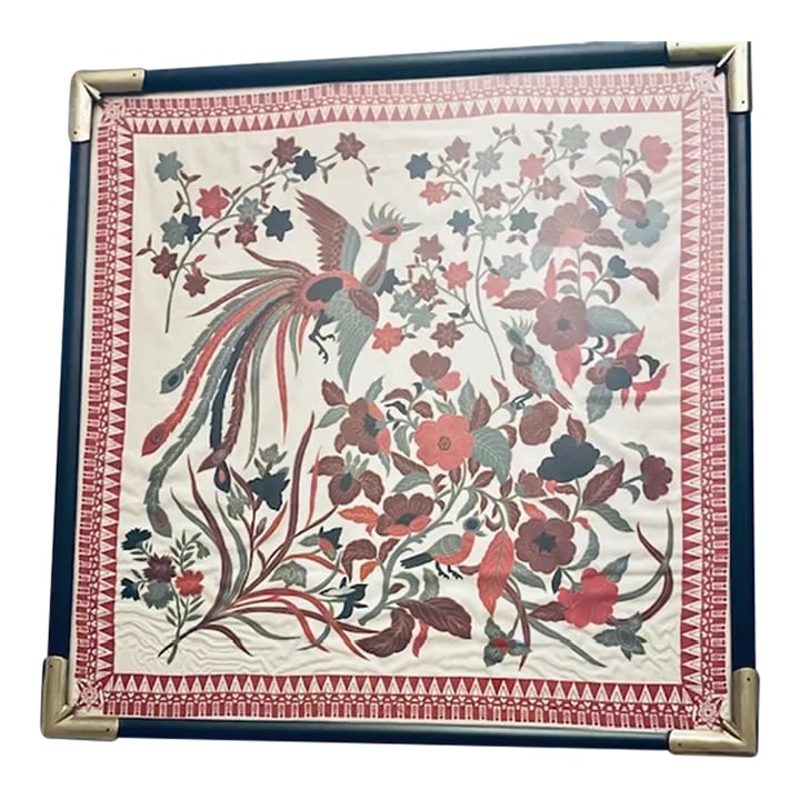 1970s Framed Scarf: Another Westchester estate sale treasure. Gorgeous Asian inspired print. Condition: Alterations: Original Condition Unaltered Imperfections: Some Imperfections Condition Notes: Scarf and frame are in 
