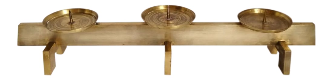 1960s Vintage Mid Century Modern Scandinavian Brass Candles Holder: Vintage Mid Century Modern Scandinavian Brass Candle Holder Lovely Vintage Piece Heavy Solid Brass Candle Holder Holds Three Large Pillar Candles Footed Legs Unmarked 17.5" Wide x 3" Tall x 3" Deep Co