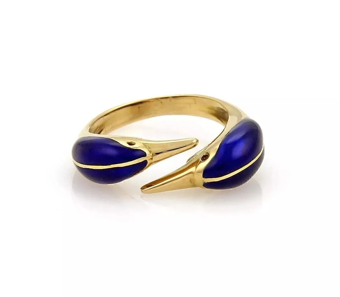 Two Birds Head Bypass 18k Yellow Gold & Enamel Ring - 2