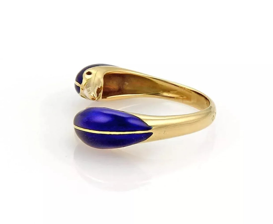 Two Birds Head Bypass 18k Yellow Gold & Enamel Ring - 3