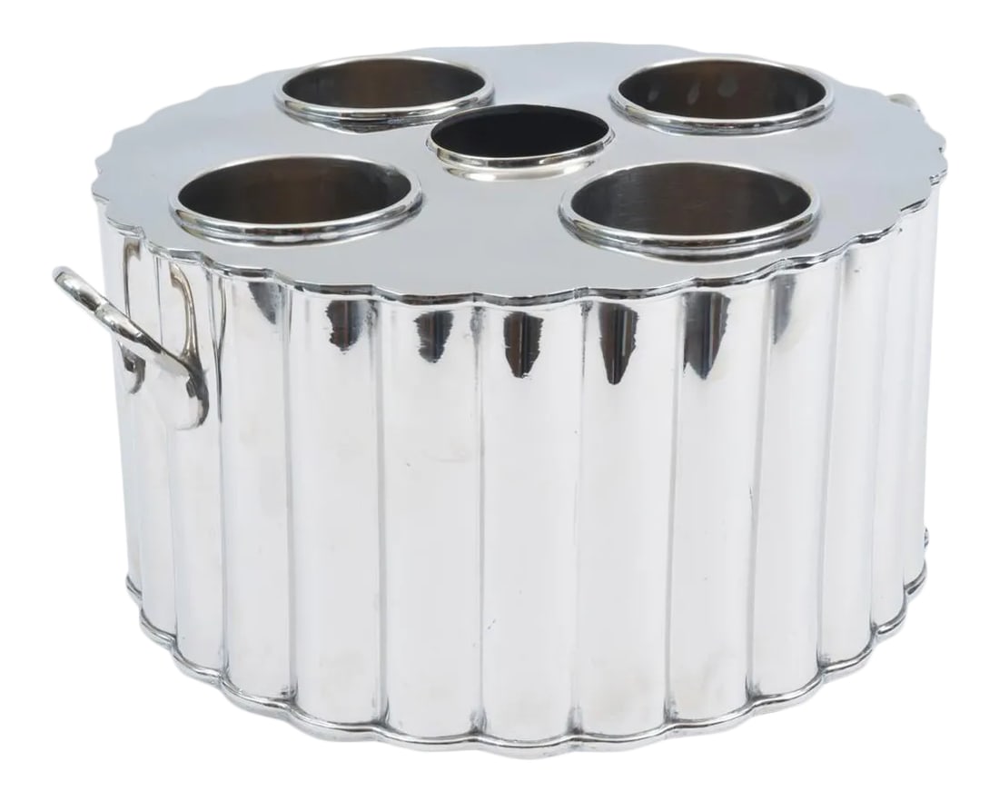 Silver Plate Barware / Tableware Four Bottles Holder with Handles: Silver plated barware / tableware four bottles wine holder with side handles with exterior design details. The barware bottles holder is in excellent condition, minor wear consistent with age / use.
