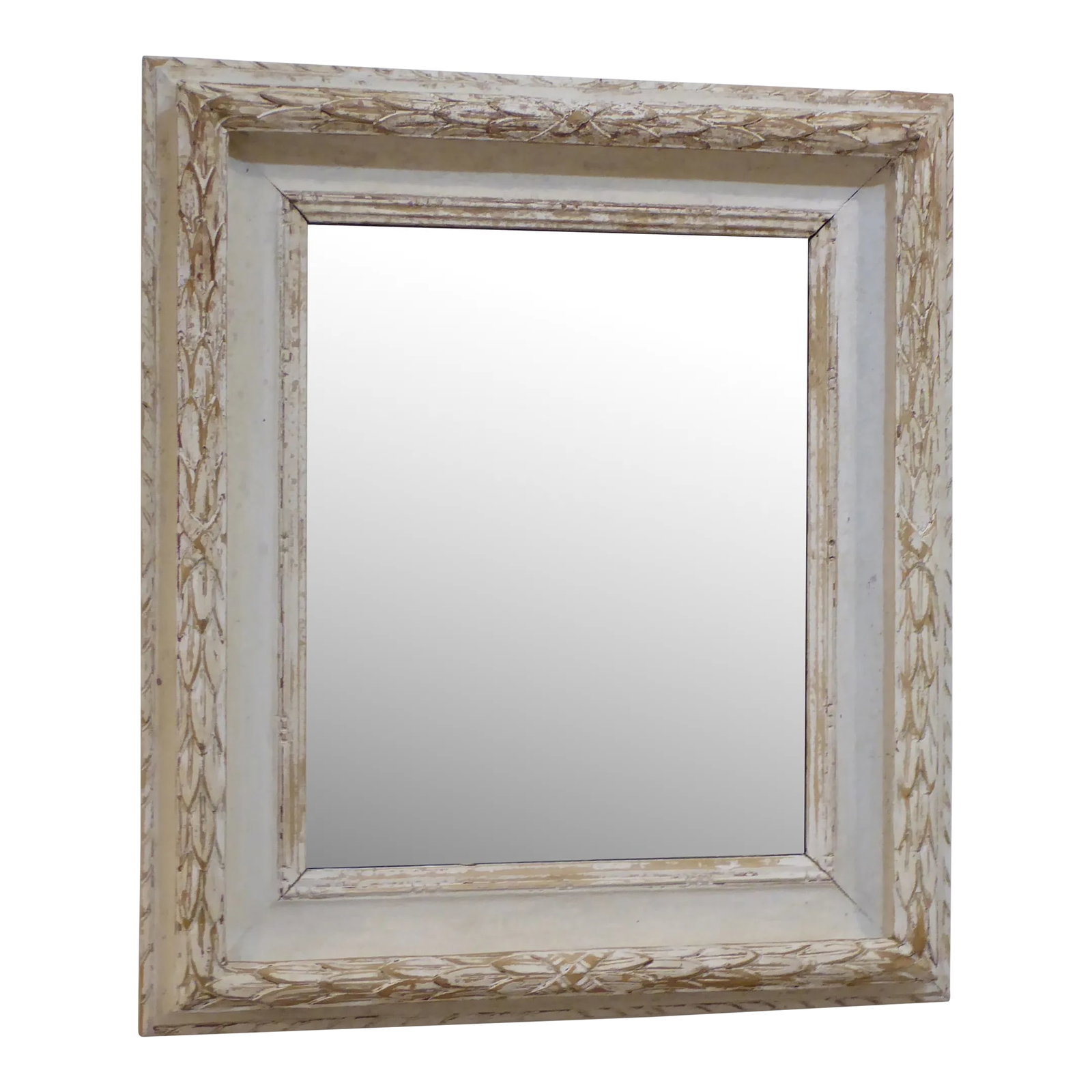 Vintage Carved Whitewashed Mirror: This weathered finish mirror has a carved design of laurel leaves and measures 24"H x 20.5"W. Condition: Alterations: Unknown Imperfections: Some Imperfections Condition Notes: Excellent, old