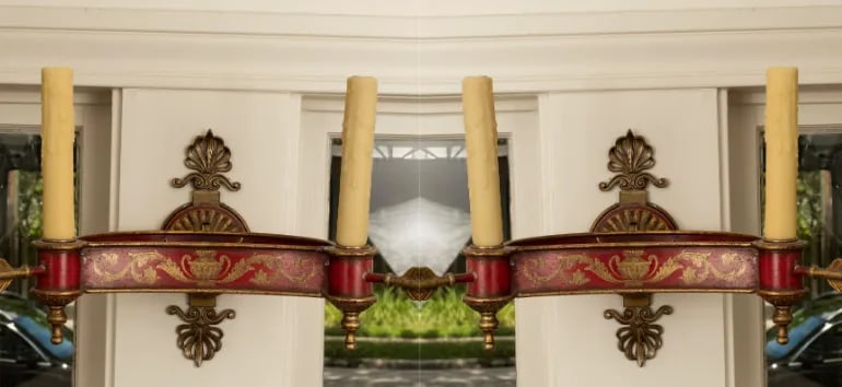Pair of French Empire Style or Neoclassical Style Bronze and Tole Sconces - 10