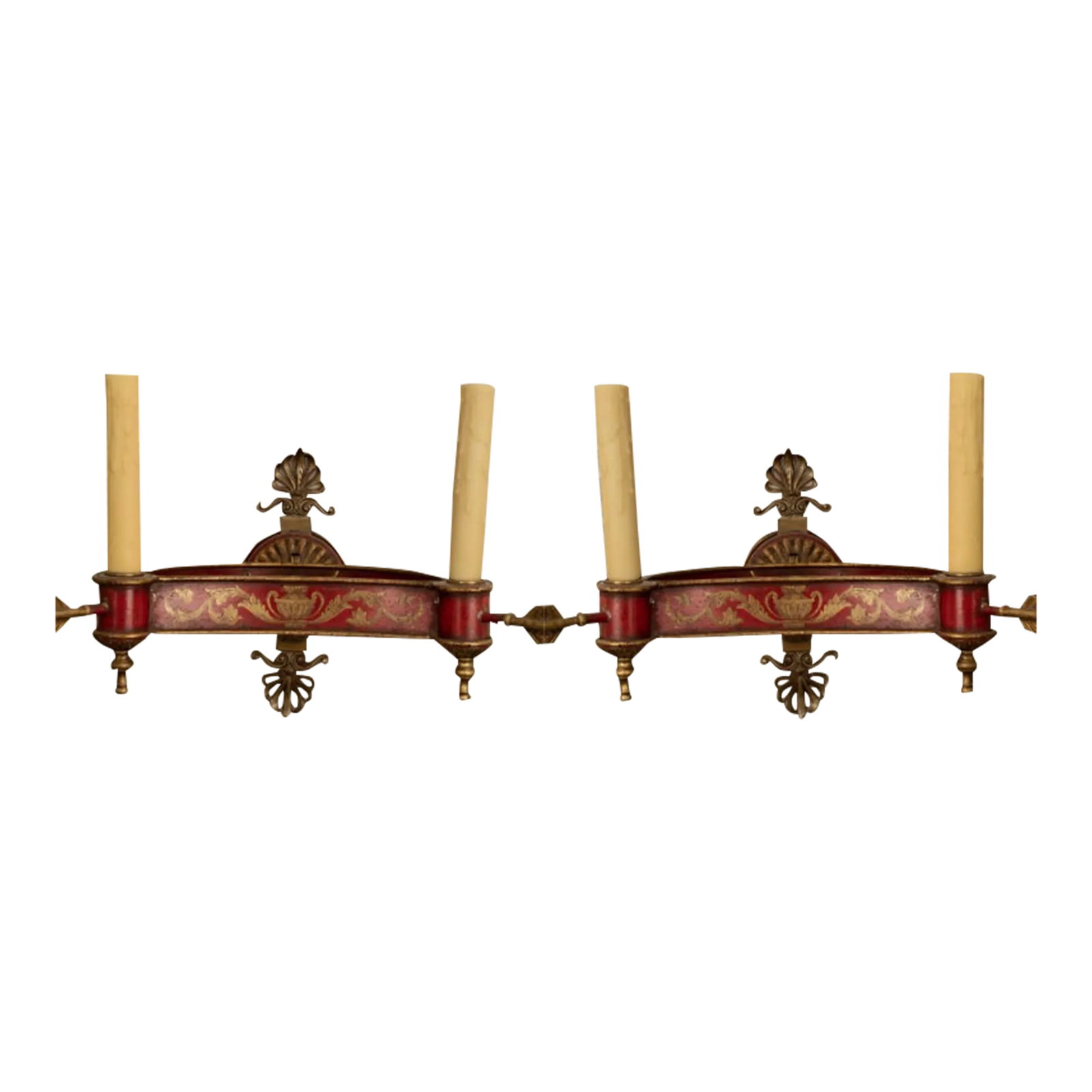 Pair of French Empire Style or Neoclassical Style Bronze and Tole Sconces: Large pair of French Empire style or Neoclassical style red and gold decorated bronze and tole two-light sconces. This great pair of French tole two-light sconces have been newly wired for U.S.