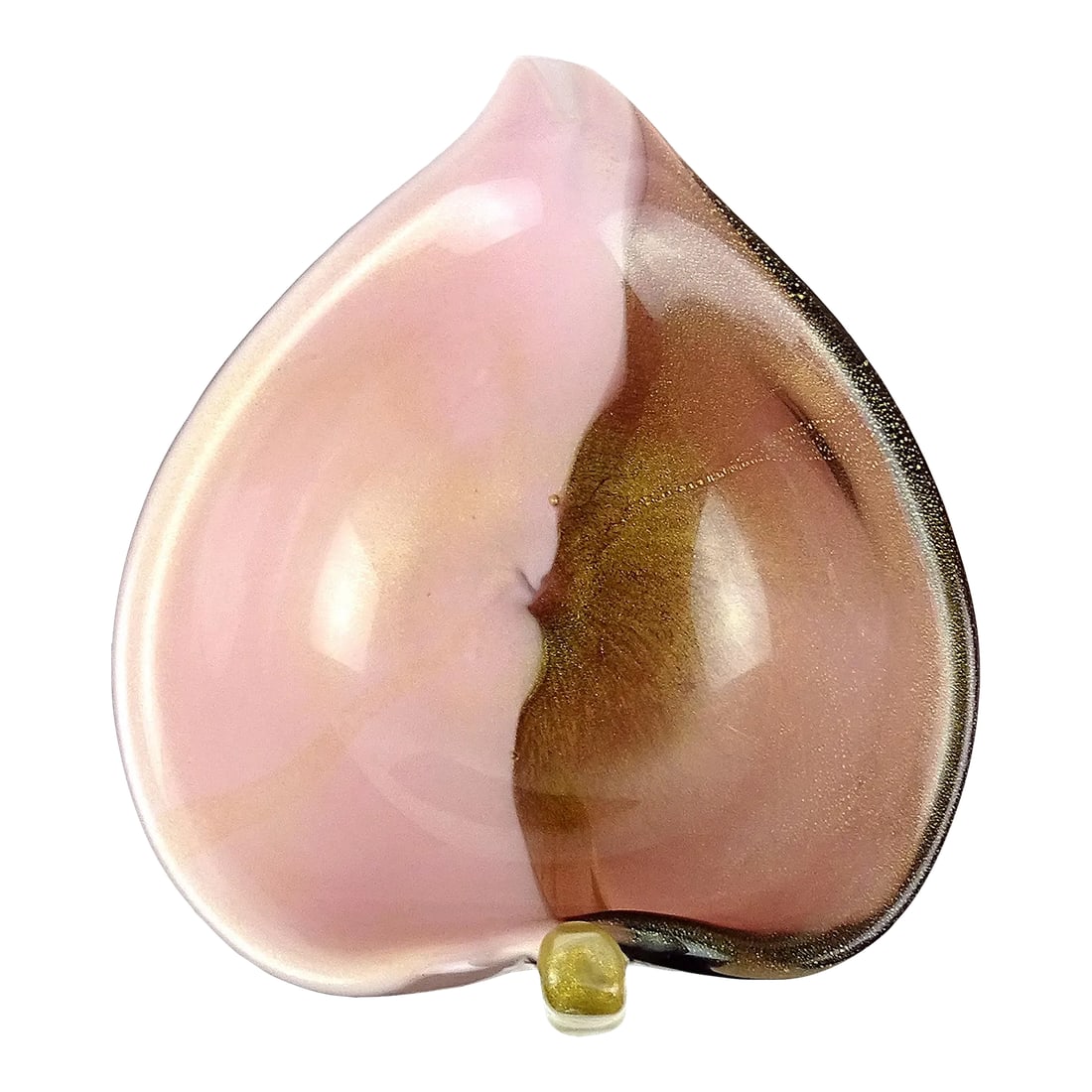 Vintage Murano Amethyst Purple Gold Fleck Calla Lily Italian Art Glass Decorative Vide Poche Bowl: Beautiful vintage Murano hand blown bi-color with gold flecks Italian art glass bowl in amethyst purple and pink. Attributed to designer Alfredo Barbini, circa 1950-1960. It made with half transparent