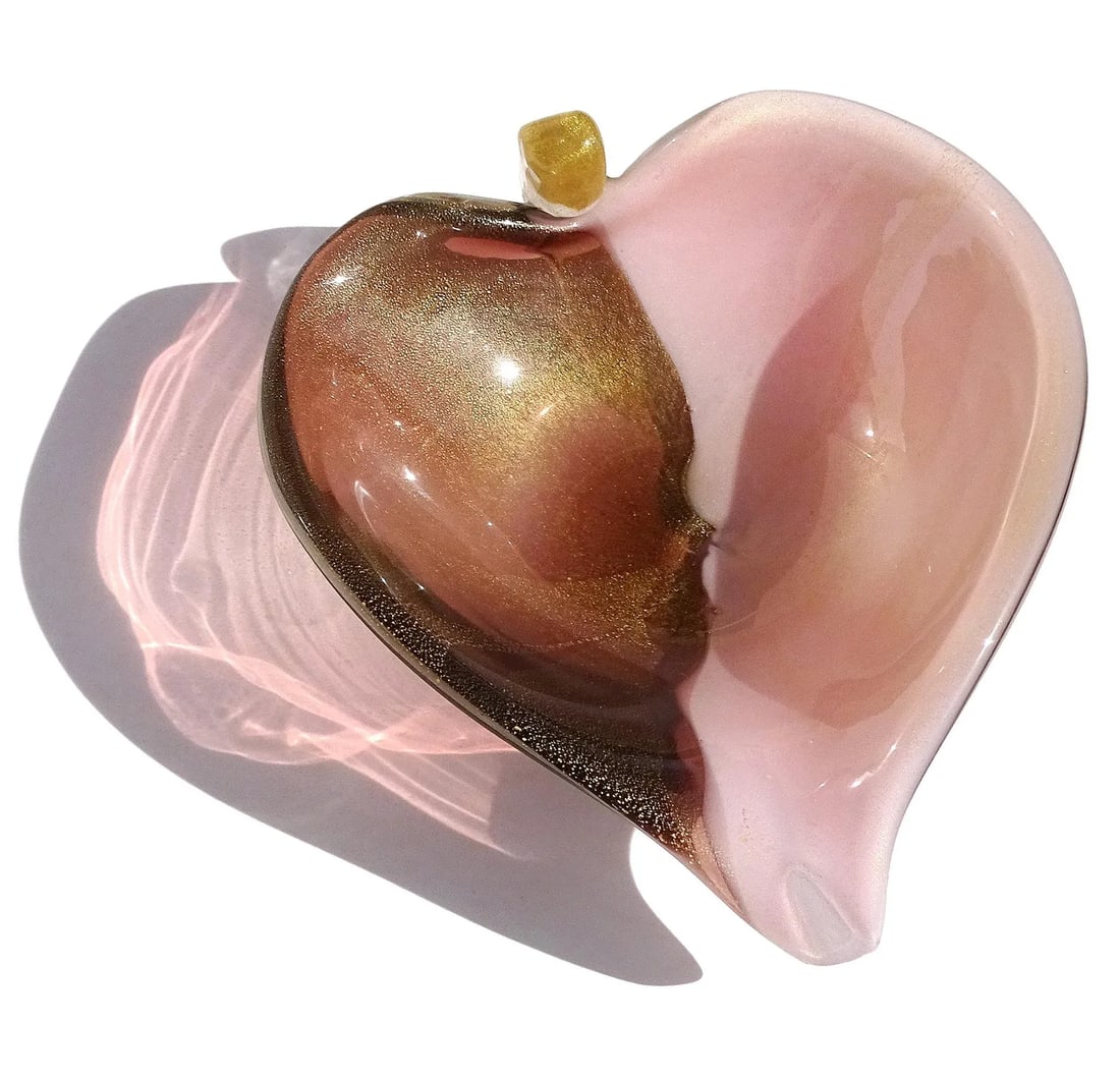 Vintage Murano Amethyst Purple Gold Fleck Calla Lily Italian Art Glass Decorative Vide Poche Bowl - 3