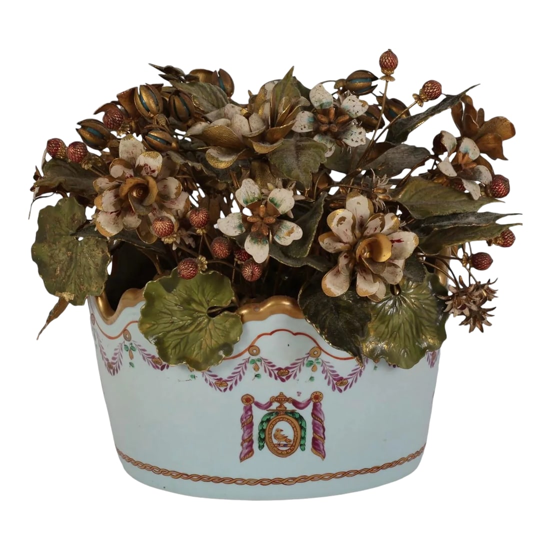 1980s Jane Hutcheson Enameled Flowers in Porcelain Bowl: Enameled metal flower arrangement of Jane Hutcheson made for Gorham. The flowers are set in a porcelain pot. The delicately crafted flowers showcase Hutcheson's signature use of vibrant enamel on
