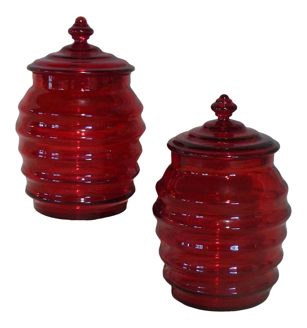 1930s Jean Beck Munchen Signed Art Glass Jars With Lids - a Pair: Superb Art Glass! Hand-blown matching pair of Art Deco Lidded Jars signed Jean Beck Munchen. Dated to the 1930s. This pair of jars with lids was designed by one of the leading German designers of his