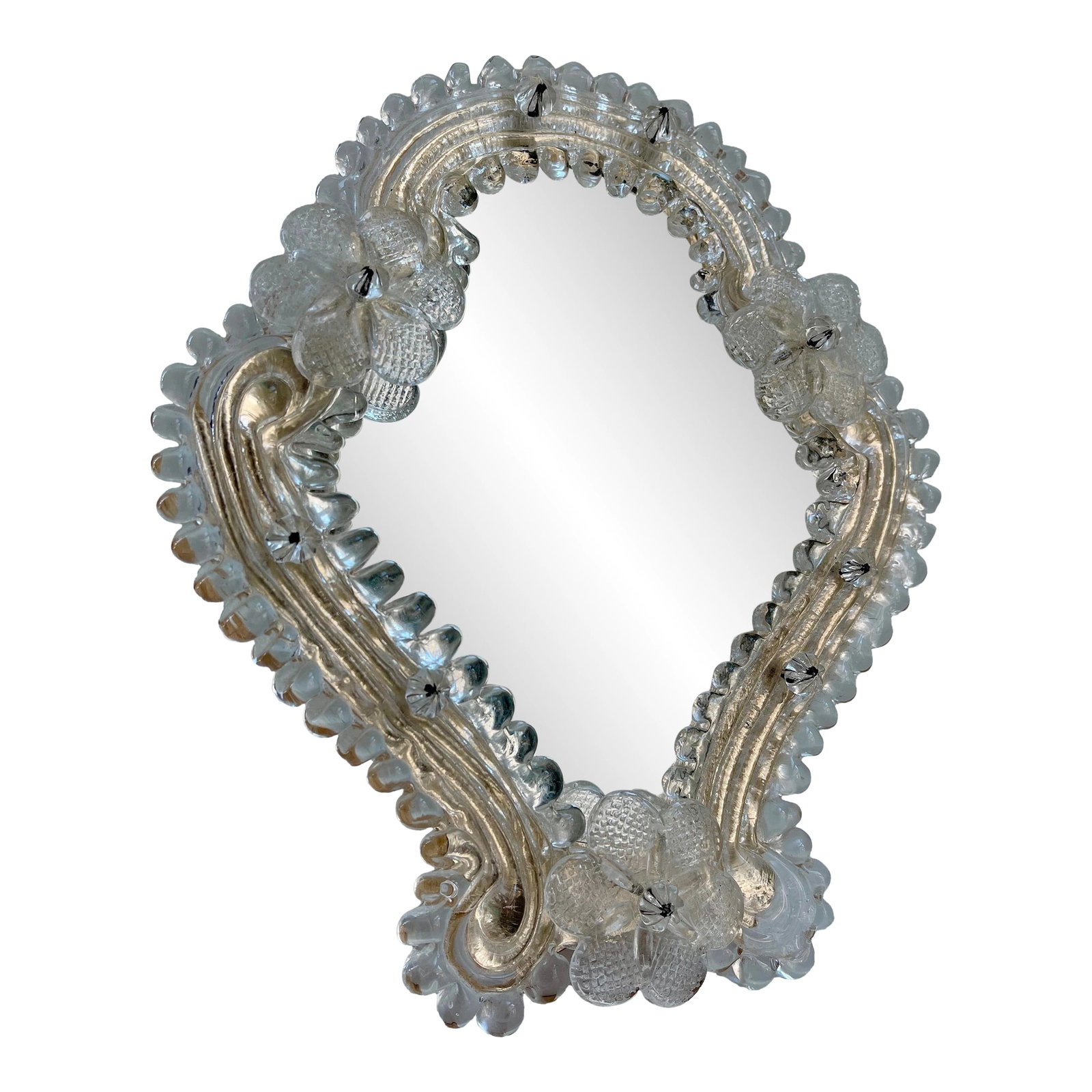 1950s Italian Murano Venetian Table or Wall Mirror: Simply stunning Italian Venetian wall or table mirror composed of separate handmade glass elements with attached flowers. Can be used as a standing mirror or hung on a wall. In excellent vintage