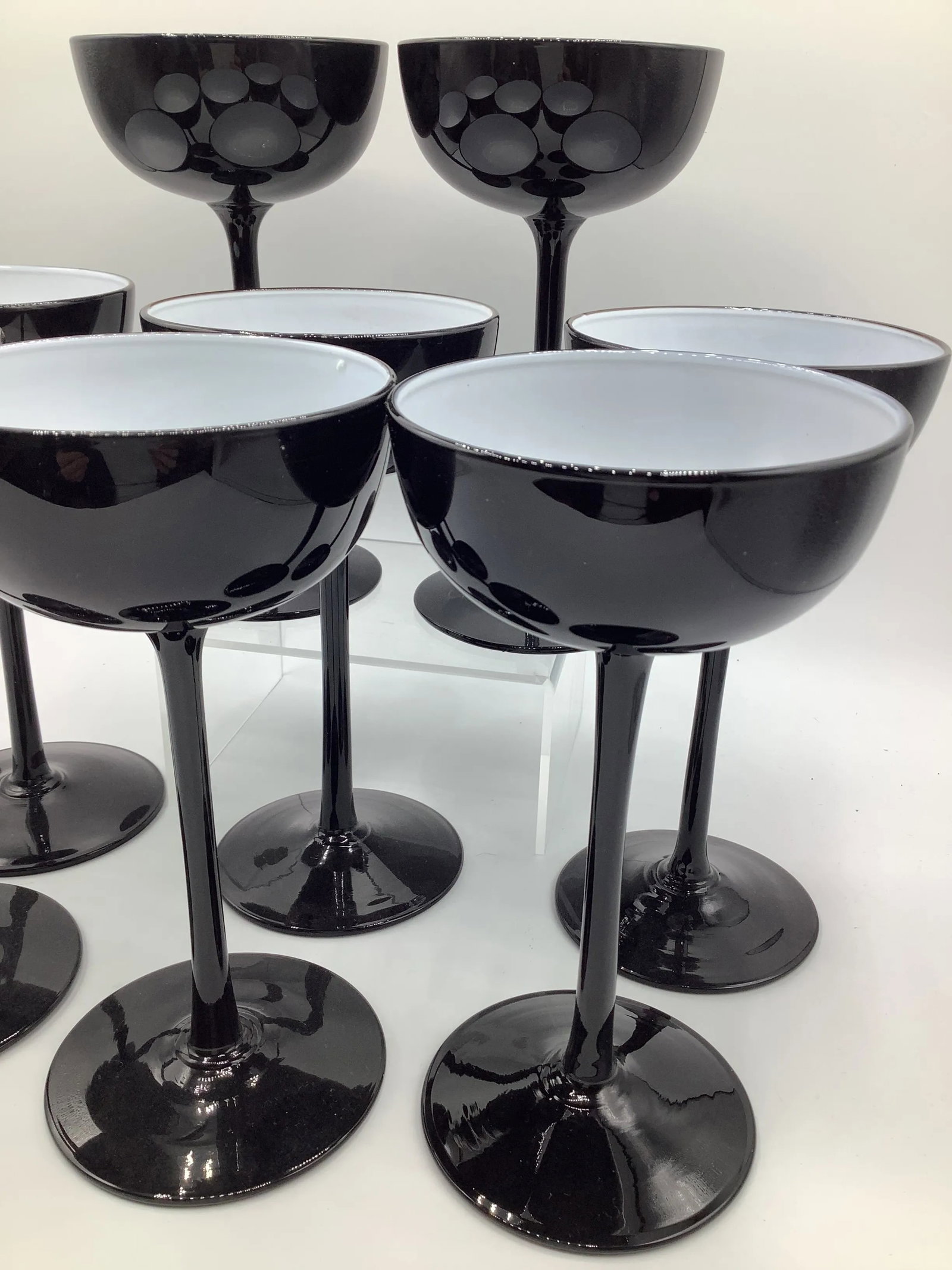 Vintage Carlo Moretti Italy Black White Cased Glass Tall Stem Champagne Coupes - Set of 8 - 6