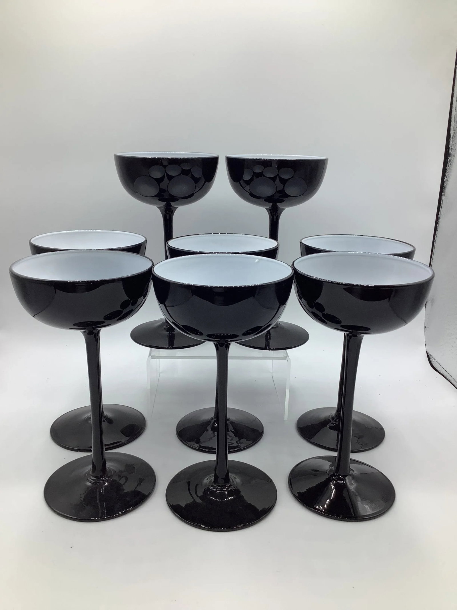 Vintage Carlo Moretti Italy Black White Cased Glass Tall Stem Champagne Coupes - Set of 8 - 8