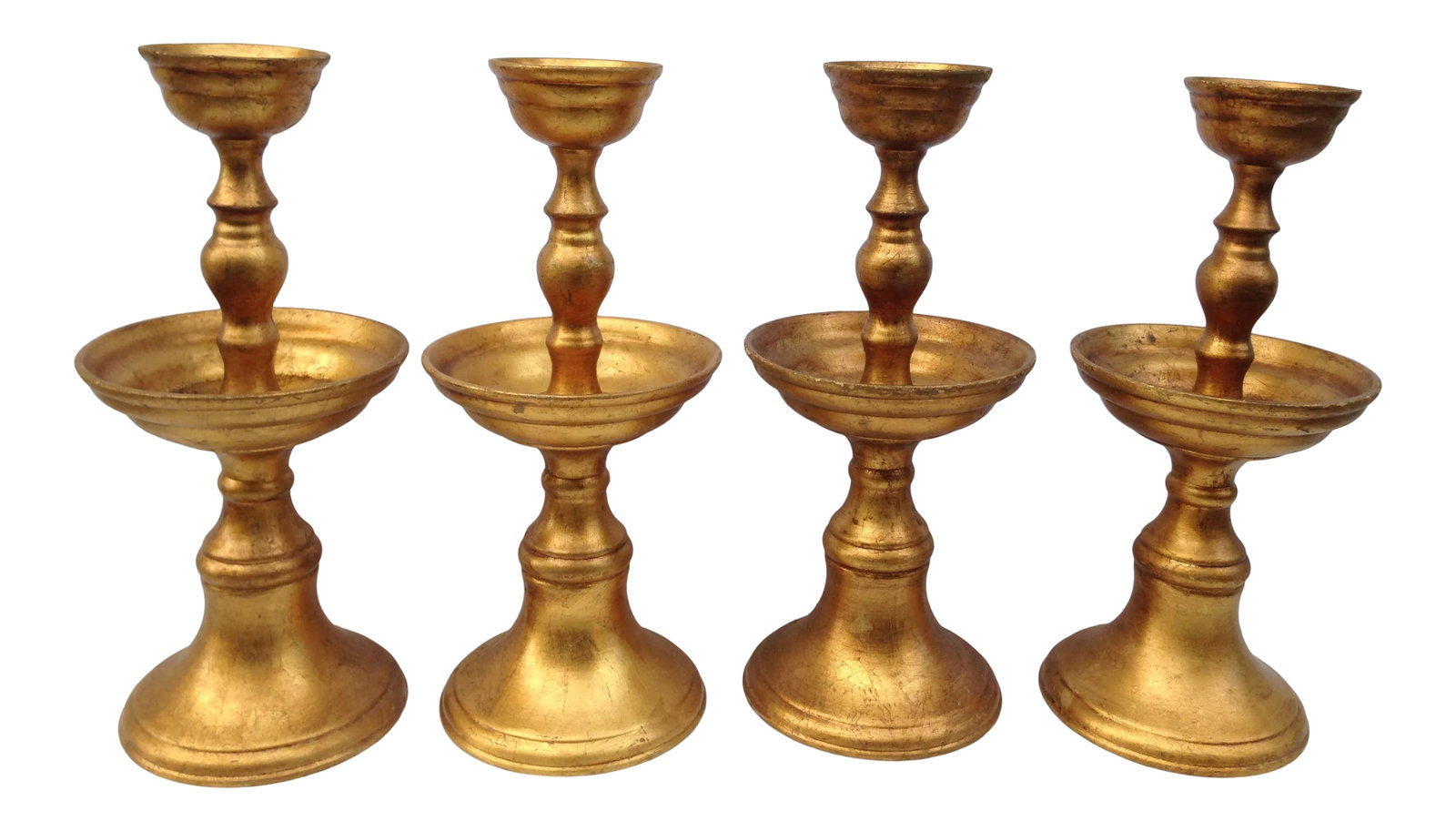 18" Gold Leaf Pottery Candle Holder Stands - Set of 4: Vintage gilt leafed candle holders to add a grand accent to your table. Unmarked, probably from Italy. From the Donald Bren estate. Condition: Alterations: Original Condition Unaltered Imperfections: